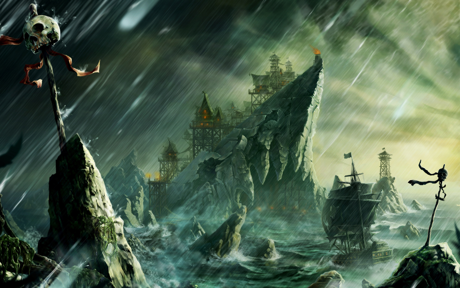 Fantasy Pirate Bay Boat Sailing Rock Fort Building Storm Skull Danger 