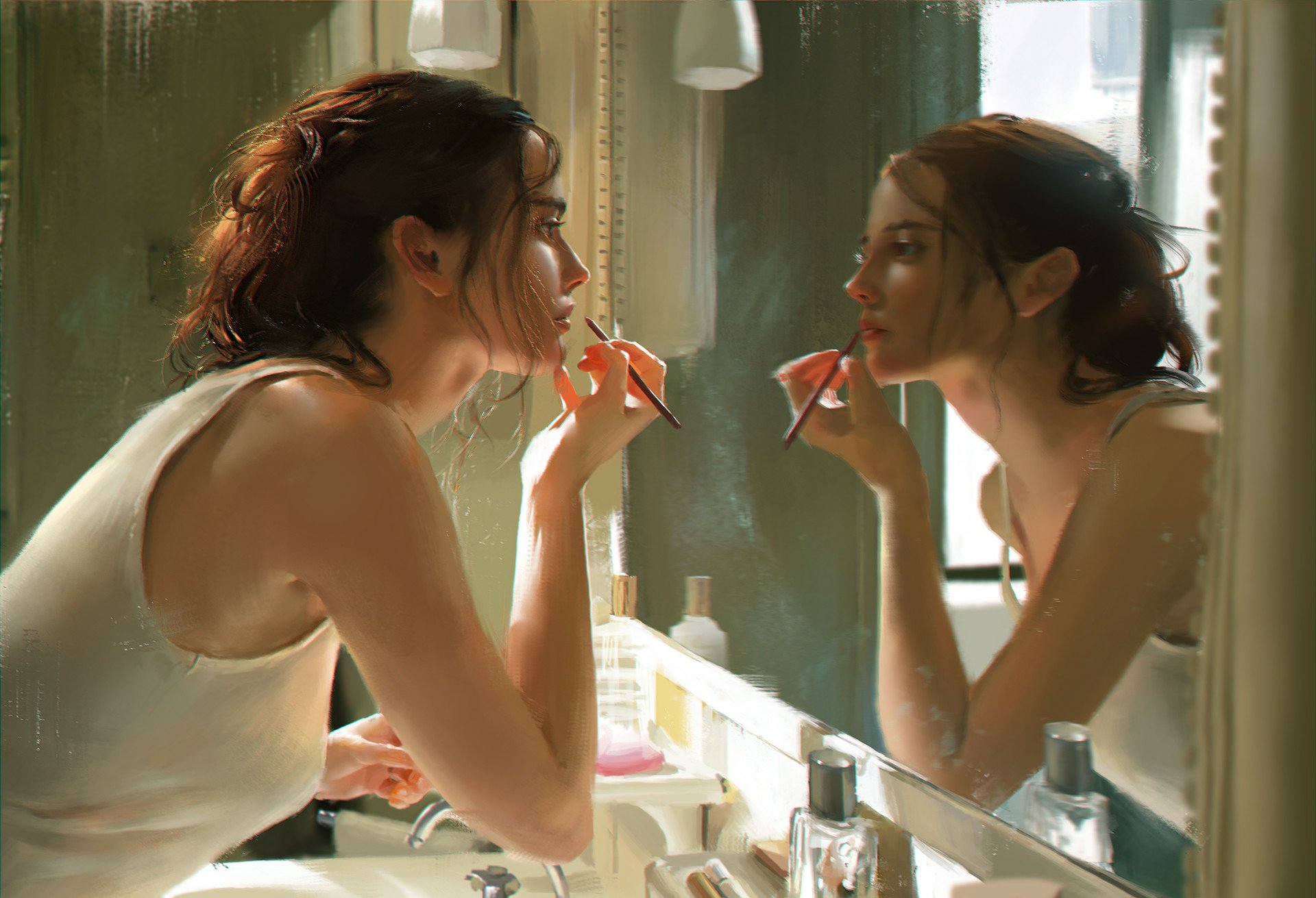 Artistic HD desktop wallpaper featuring a woman applying makeup, captured in a reflective and intimate moment by the bathroom mirror.