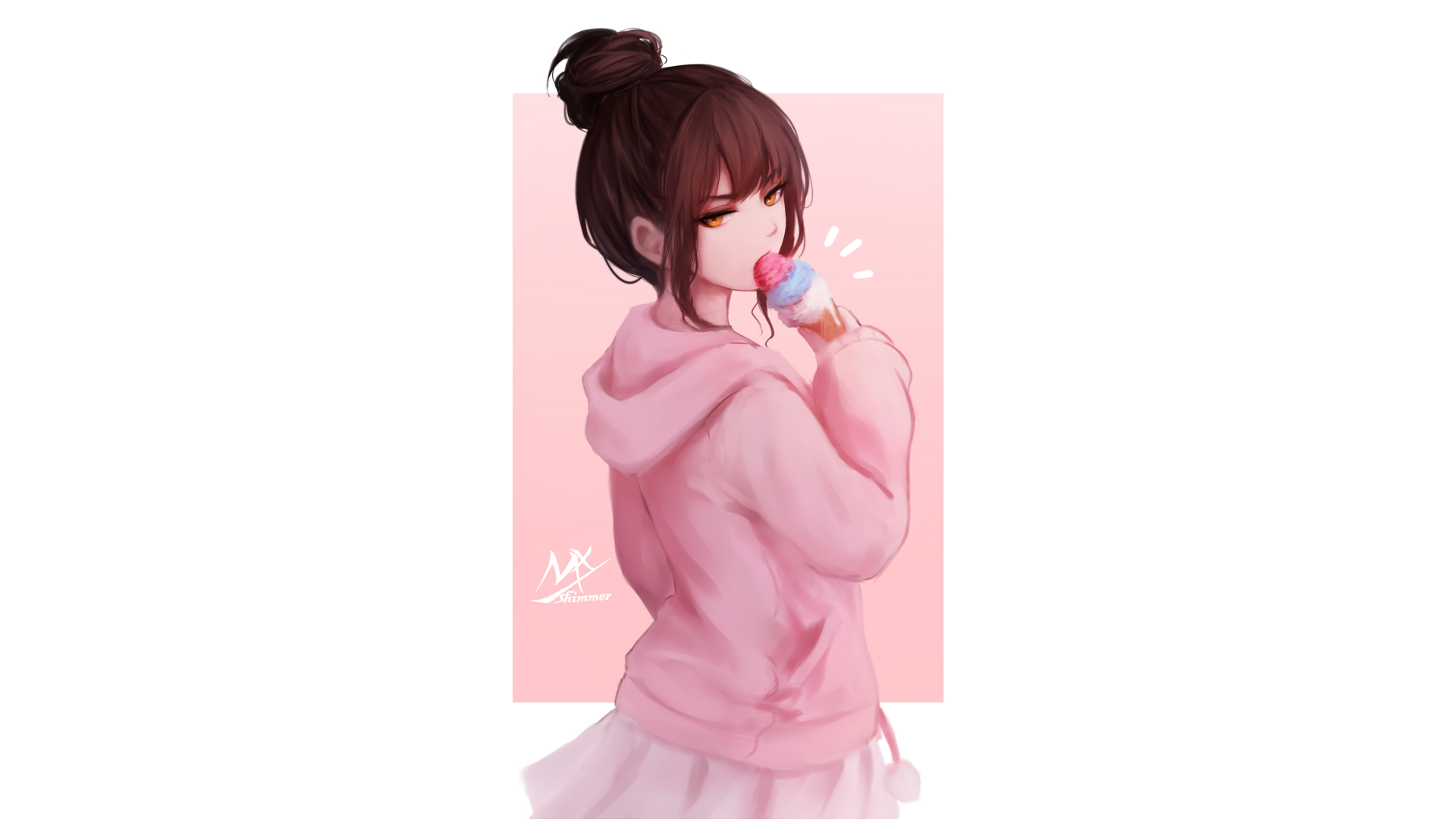 Anime-style original HD desktop wallpaper featuring a girl with dark hair in a bun, wearing a pink hoodie, enjoying colorful ice cream against a soft pink background.