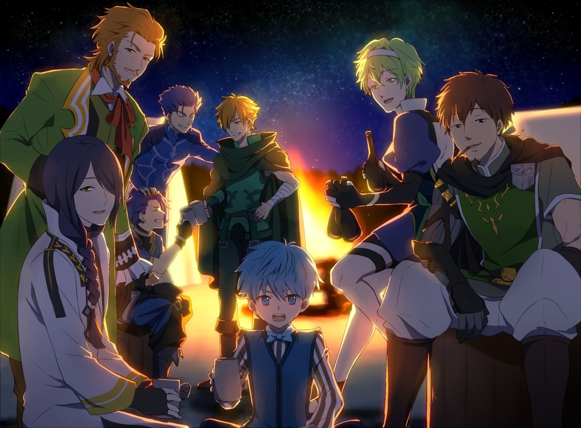 HD PC desktop wallpaper featuring a group of Fate/Grand Order anime characters illuminated against a starry night sky.