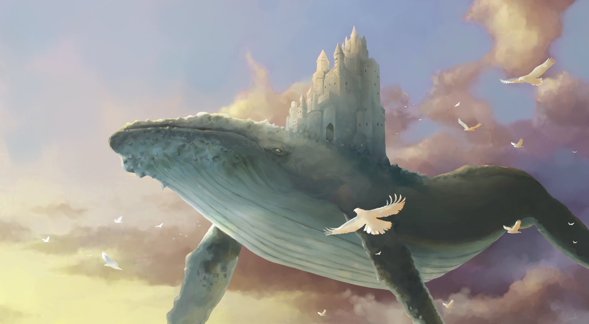 A majestic fantasy whale with a castle on its back swims through a pastel sky, surrounded by birds, in a stunning 4K Ultra HD desktop wallpaper.