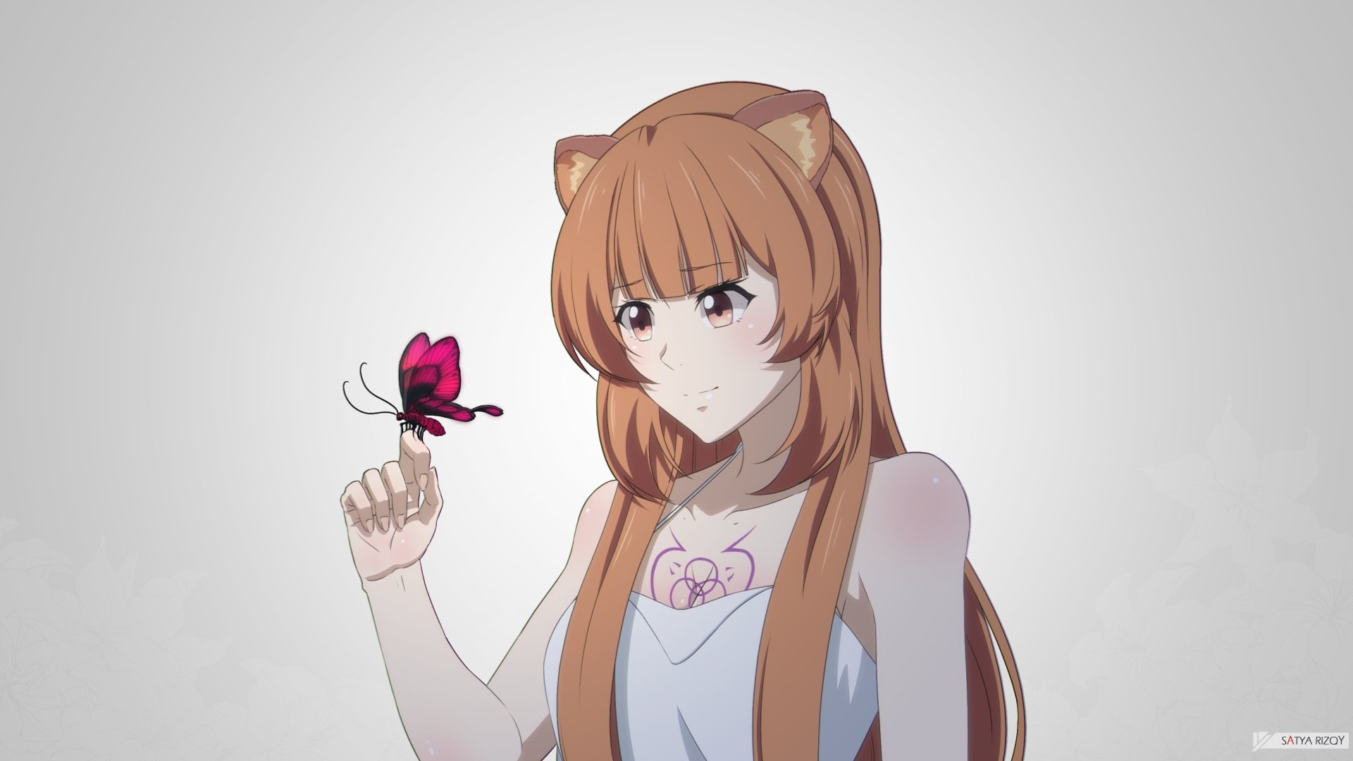 HD PC desktop wallpaper featuring Raphtalia from the anime The Rising of the Shield Hero, depicted with long hair and a butterfly perched on her finger.