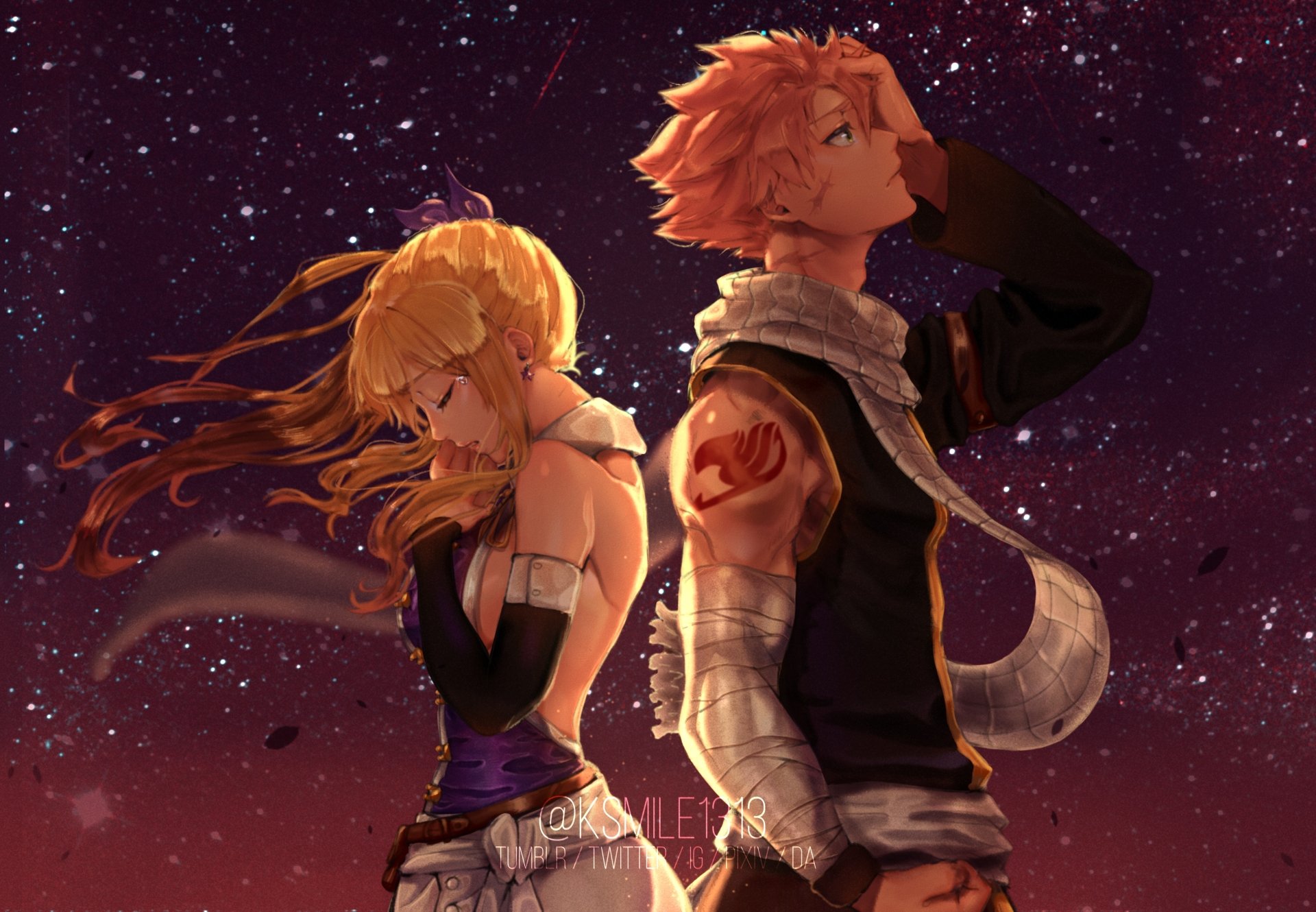 HD anime wallpaper featuring Fairy Tail characters Lucy Heartfilia and Natsu Dragneel standing back-to-back under a starry night sky.