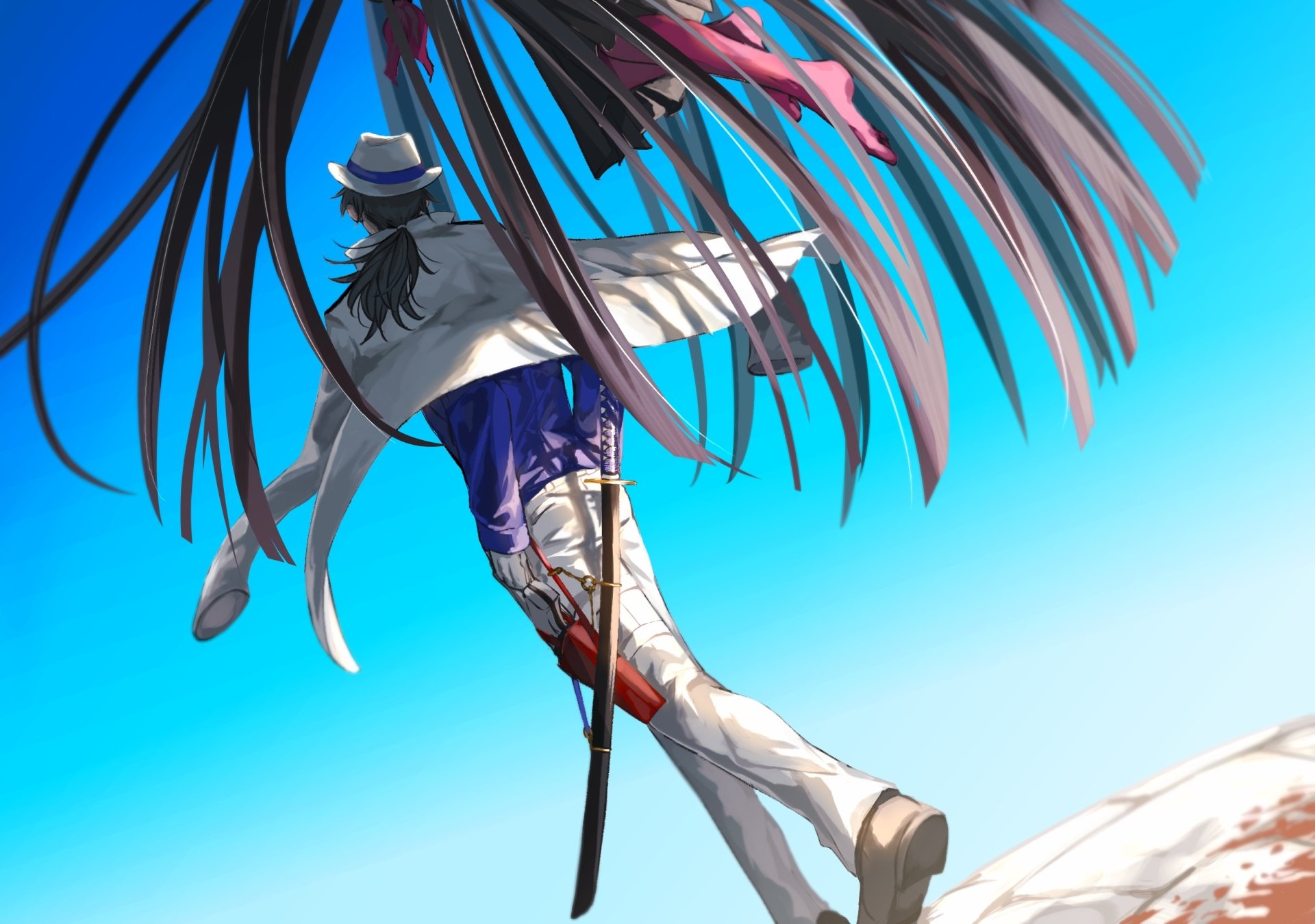 HD anime desktop wallpaper featuring Oryou from Fate/KOHA-ACE in Fate/Grand Order, depicted mid-air against a clear blue sky with palm leaves overhead.
