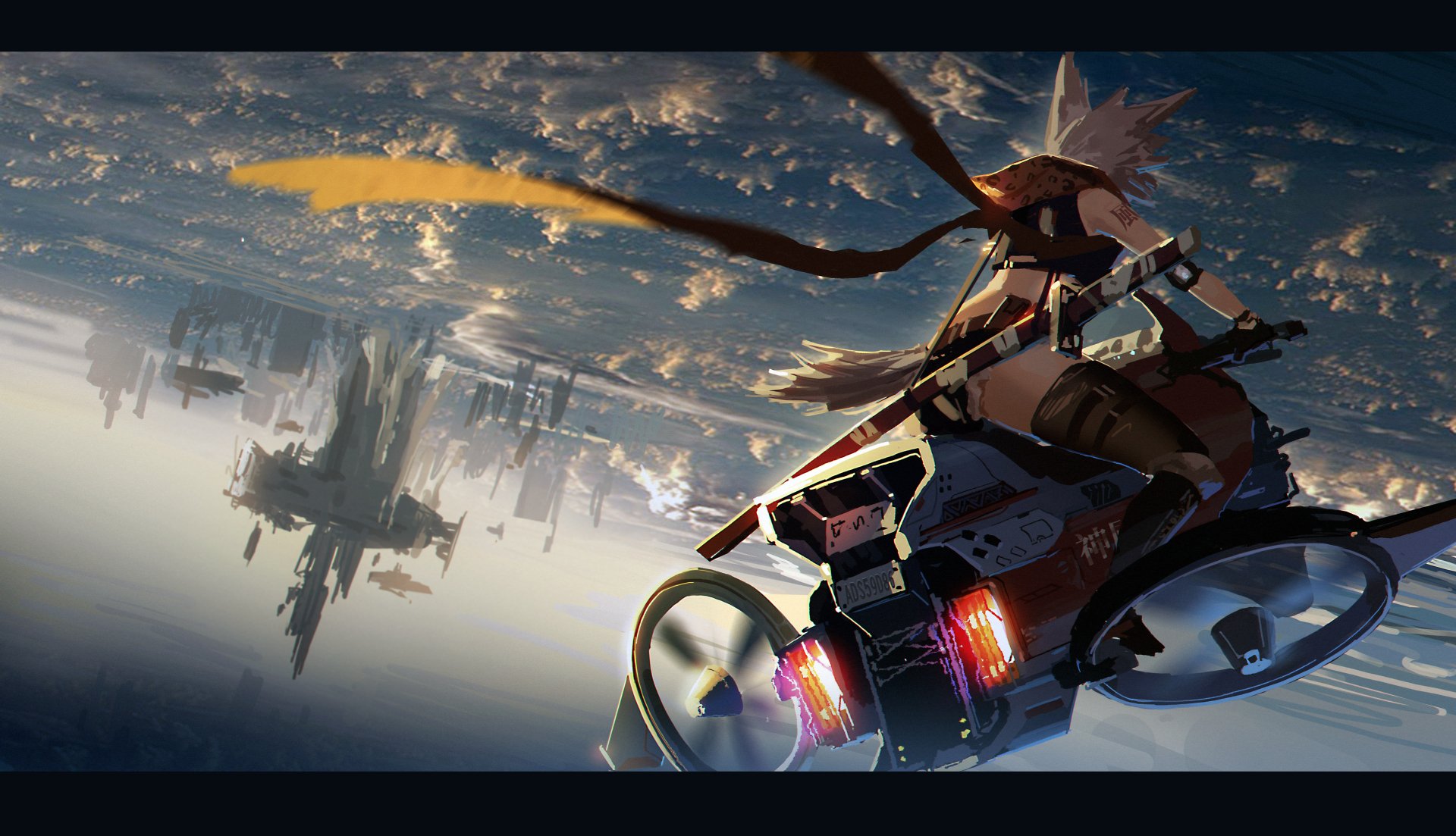 Anime-style 4K Ultra HD wallpaper featuring an original character wielding a katana, riding a futuristic bike upside down above a sprawling cityscape.