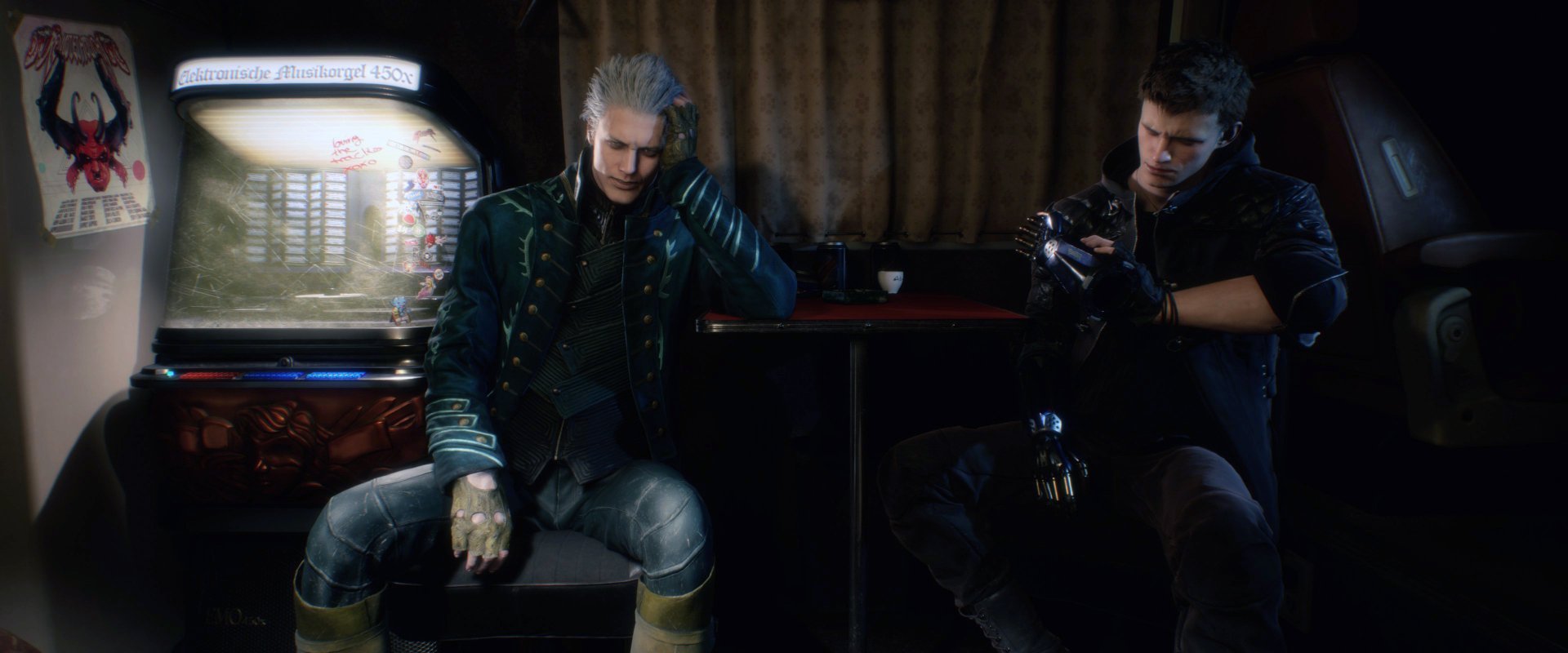 HD PC desktop wallpaper featuring Nero and Vergil from the video game Devil May Cry 5, captured in a dimly lit, atmospheric setting.