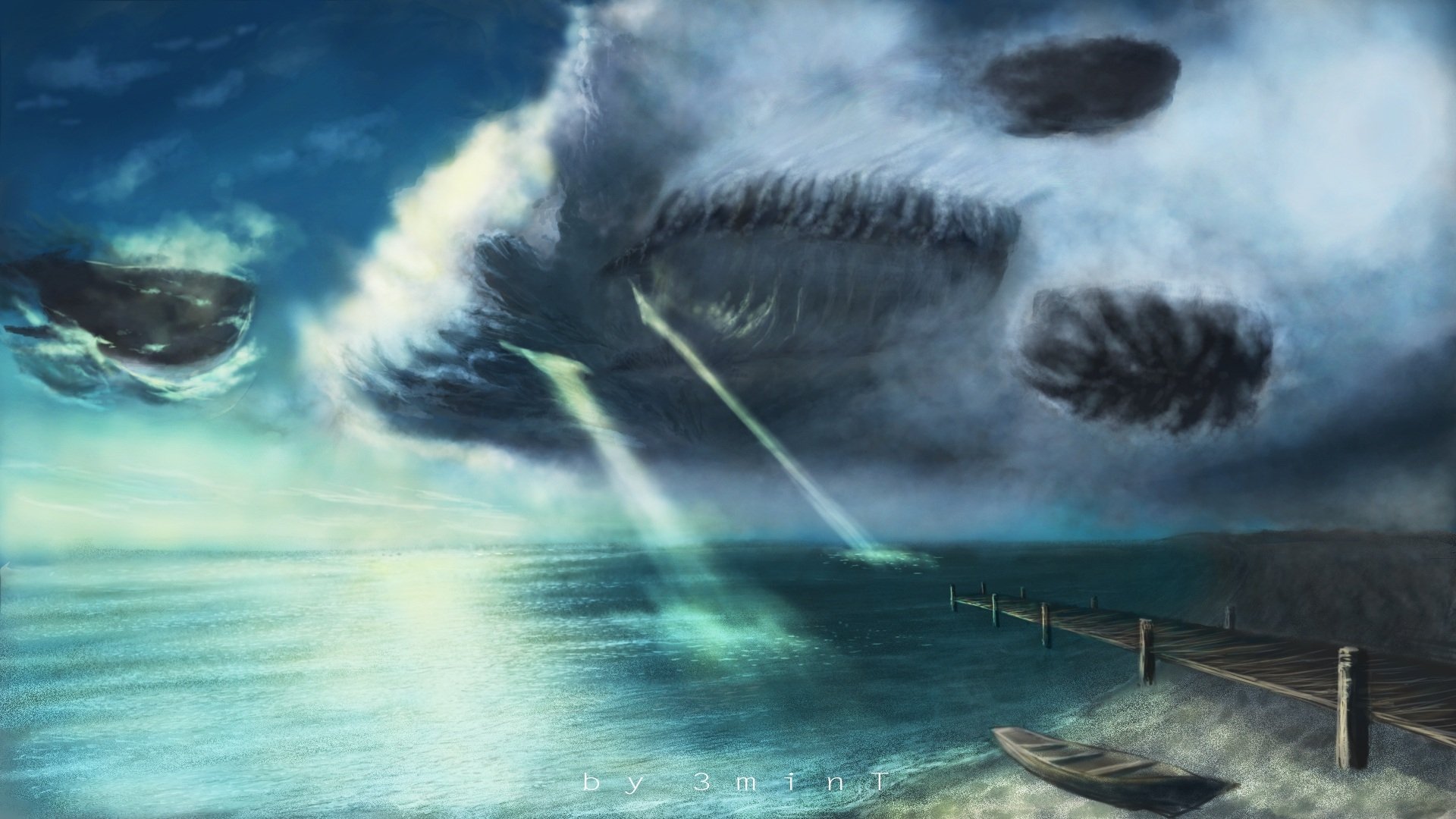 HD anime original desktop wallpaper depicting a surreal ocean scene with floating rocks, beams of light piercing through dramatic clouds, and a wooden pier extending into the water.