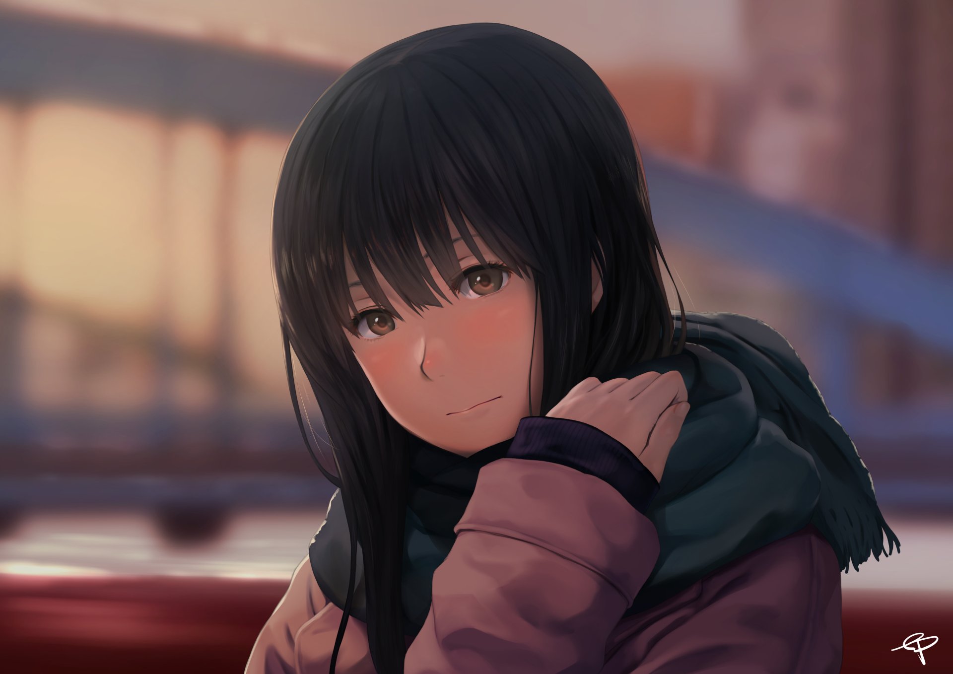 A 4K Ultra HD original anime-style portrait of a girl with dark hair and green eyes, softly lit against a warm, blurred background.