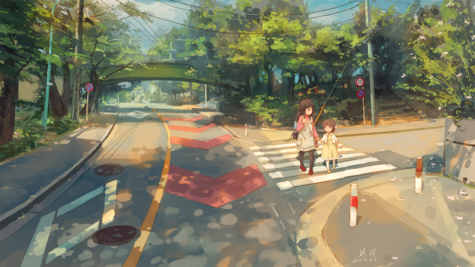 HD anime desktop wallpaper from Clannad featuring Ushio Okazaki and Fuuko Ibuki crossing a sunlit road near a green bridge surrounded by lush trees.