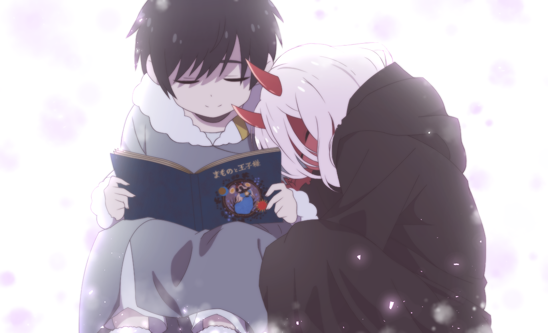 Anime characters Zero Two and Hiro from Darling in the FranXX share a quiet moment reading a book together. This HD desktop wallpaper captures a tender scene from the series.
