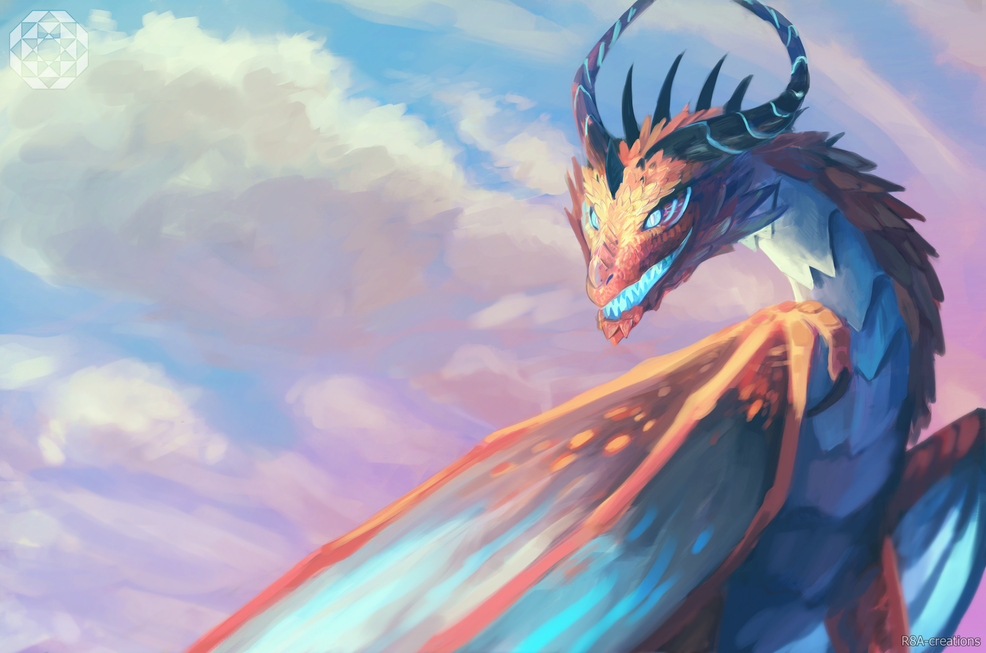 Fantasy dragon 4K Ultra HD PC desktop wallpaper and background: majestic winged serpent with iridescent scales and antler-like horns soaring against a pastel clouded sky.