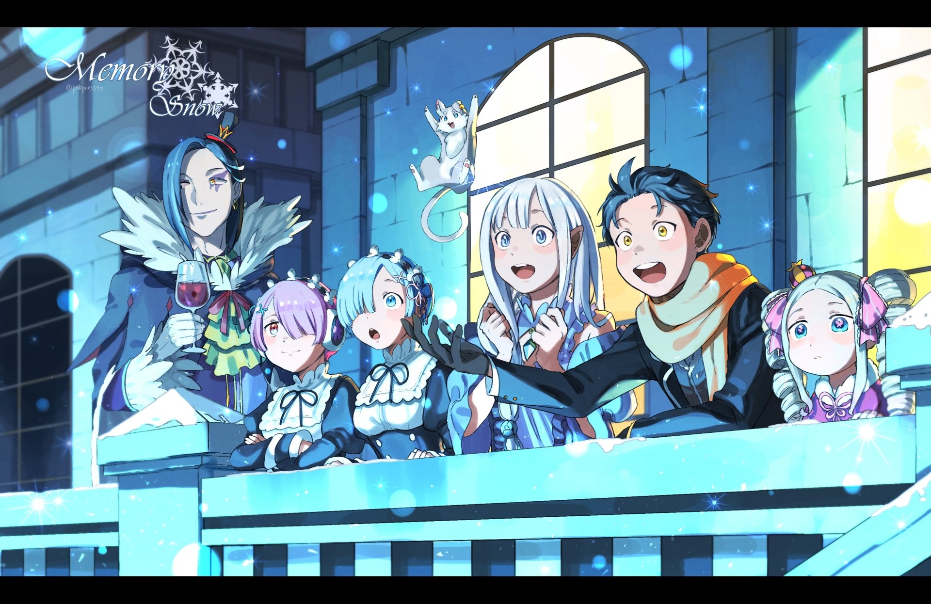 HD PC desktop wallpaper featuring Roswaal, Pack, Ram, Rem, Emilia, Subaru, and Beatrice from the anime Re:Zero - Starting Life in Another World.
