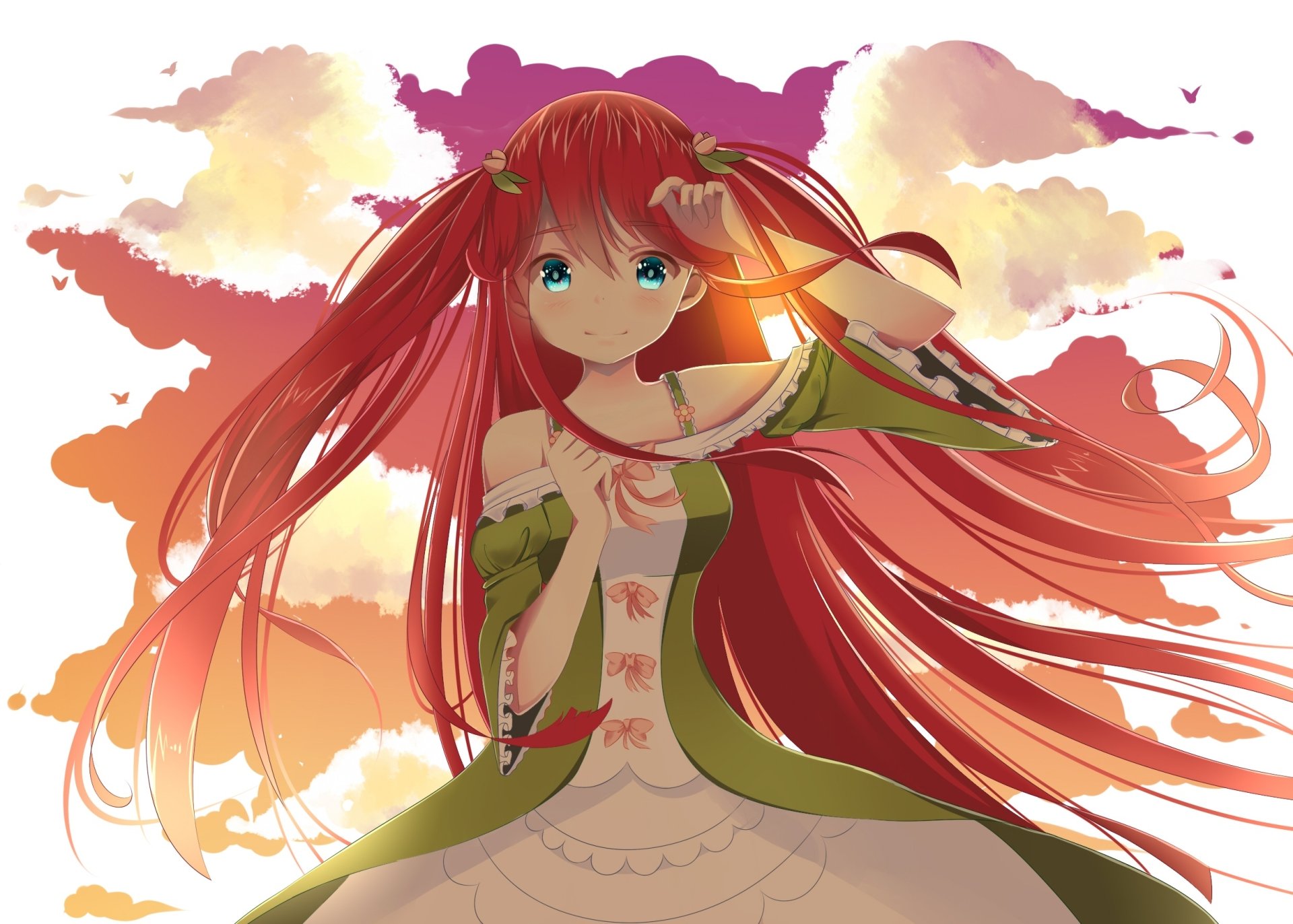 HD PC desktop wallpaper featuring Theresia van Astrea from the anime Re:Zero - Starting Life in Another World with flowing red hair against a vibrant sunset sky.