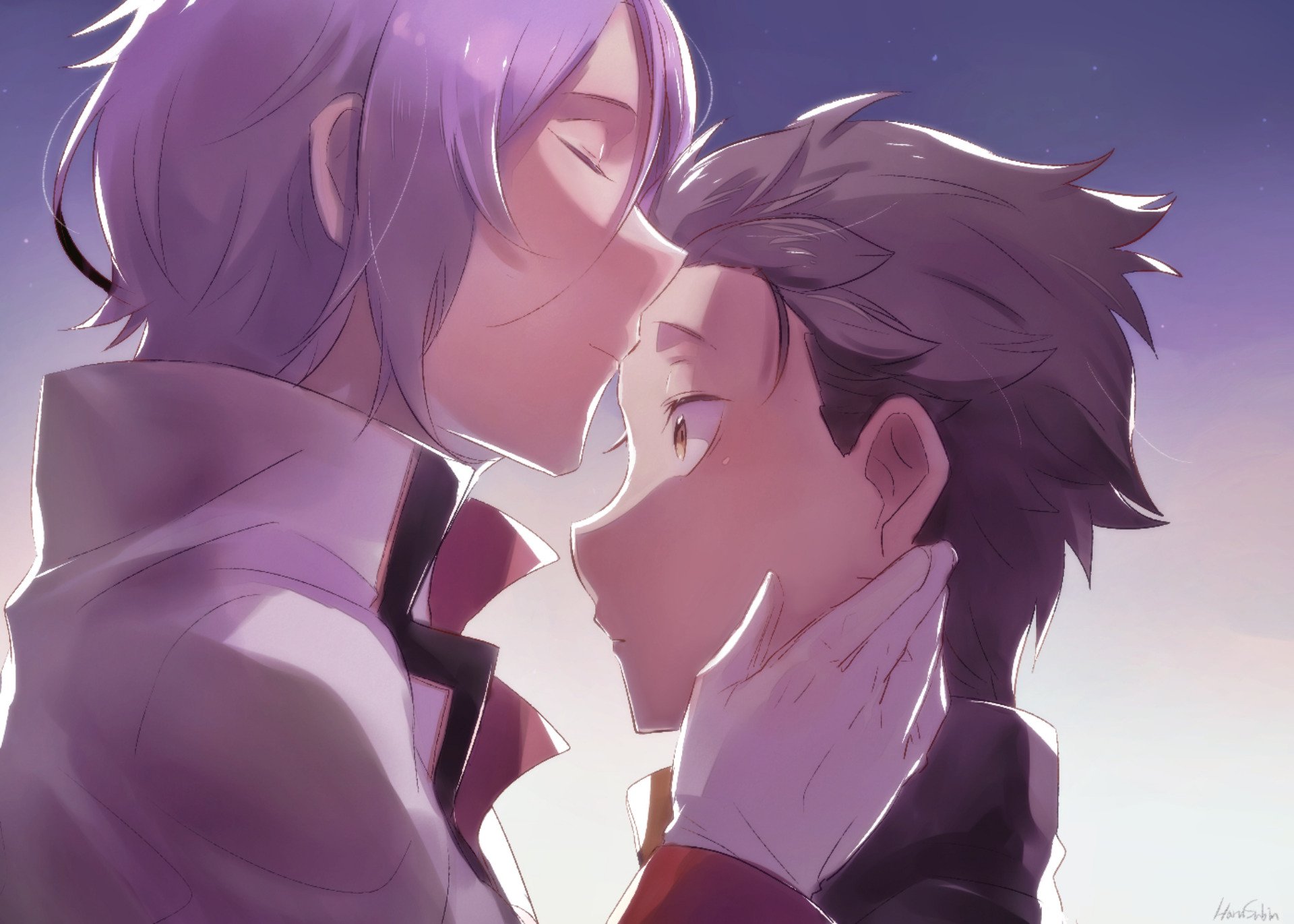 HD anime desktop wallpaper featuring Subaru Natsuki and Julius Juukulius from Re:Zero - Starting Life in Another World in a tender moment.