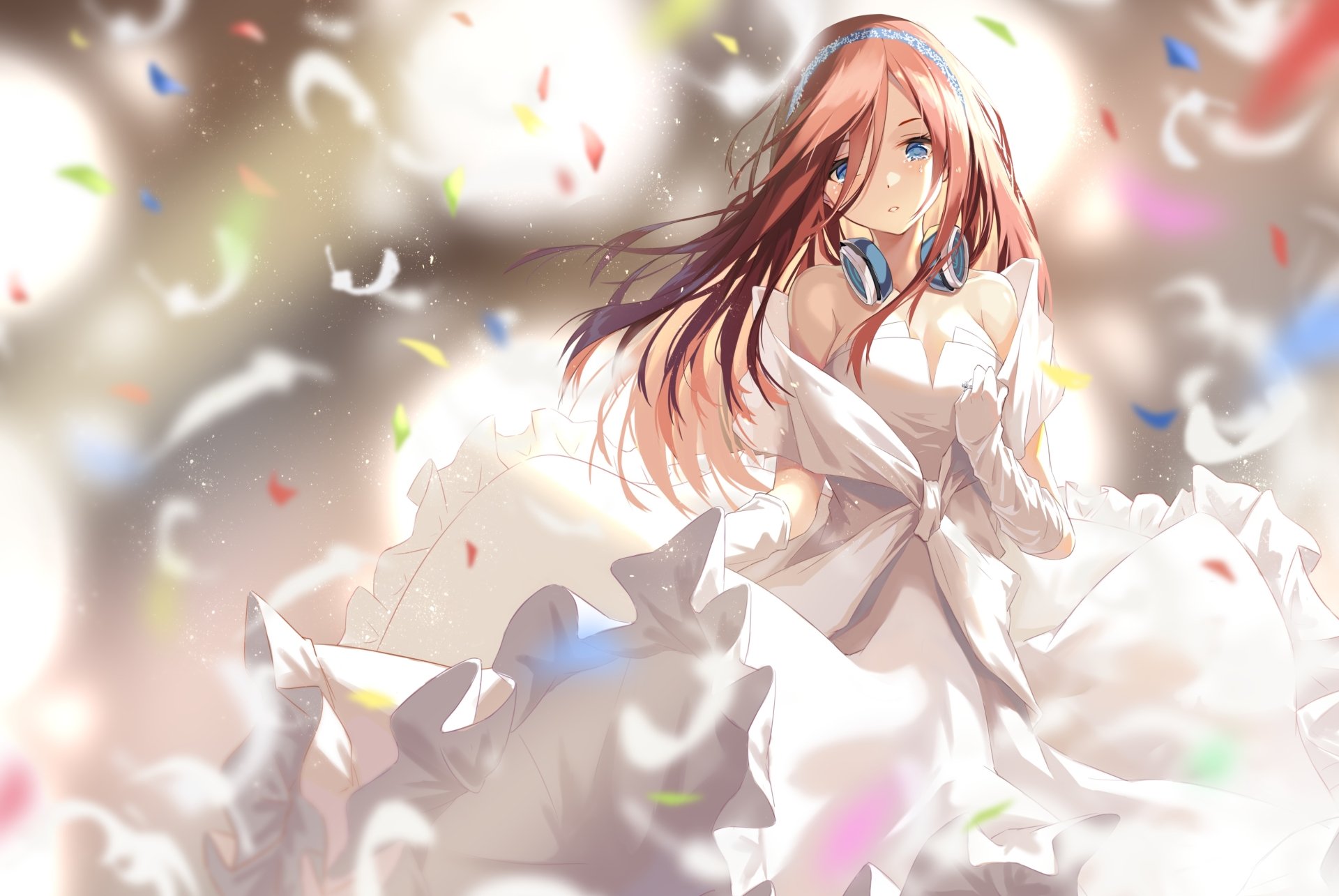HD desktop wallpaper featuring Miku Nakano from The Quintessential Quintuplets, depicted amidst a shower of colorful confetti, capturing a dynamic and elegant pose.