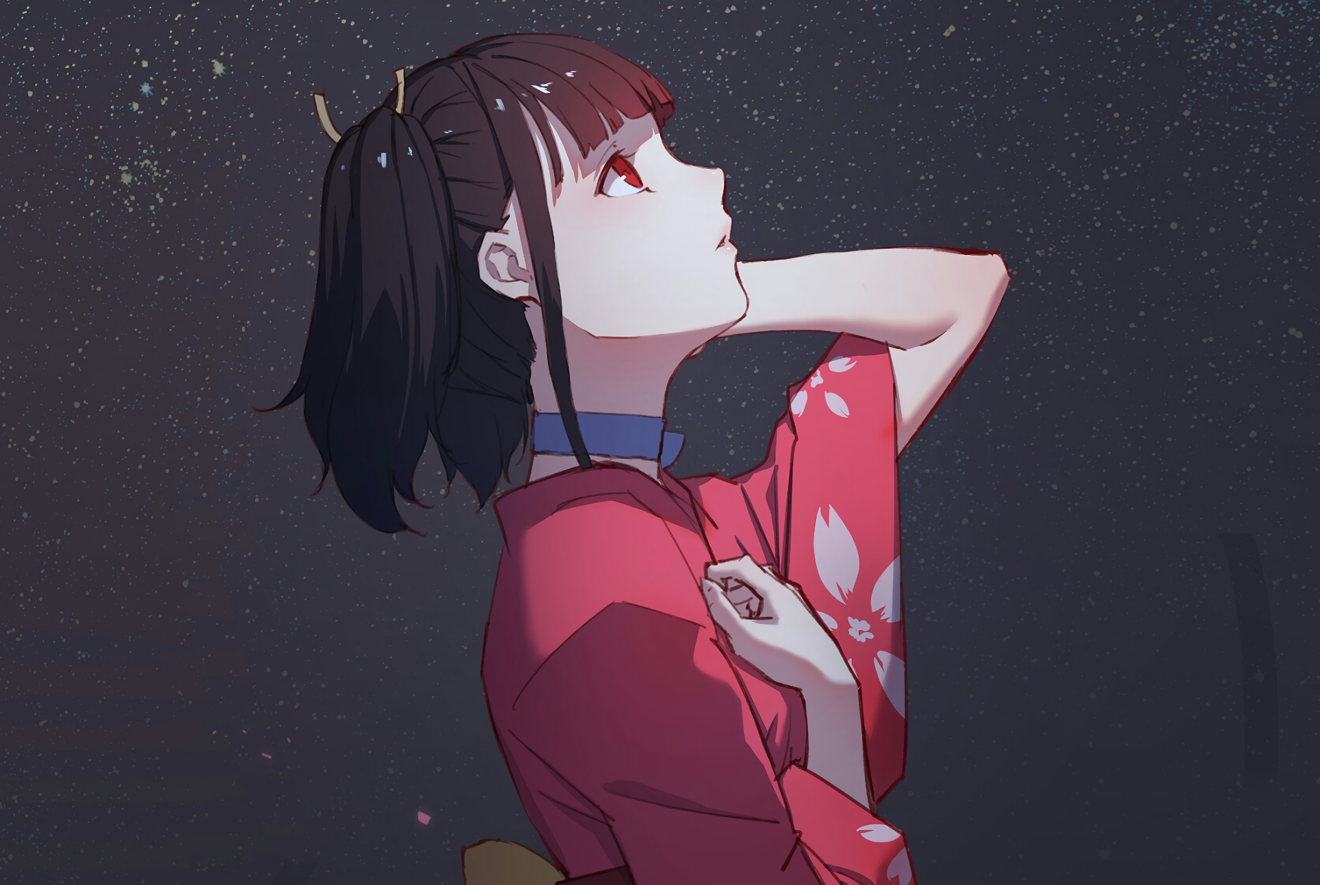 HD PC desktop wallpaper featuring Mumei from the anime Kabaneri of the Iron Fortress, depicted in a red kimono against a dark, starry background.