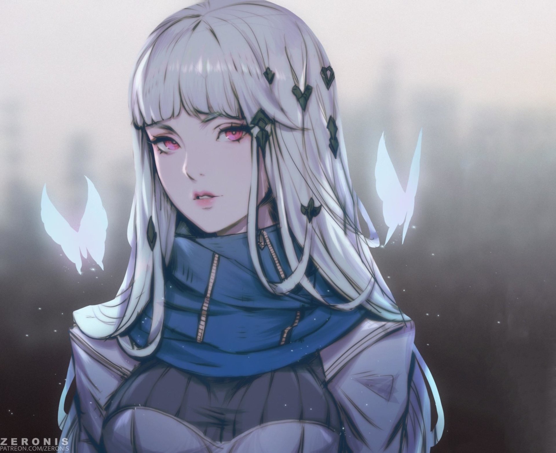 HD anime-style original artwork of a pale girl with white hair and red eyes, wearing a blue scarf, set against a misty, ethereal background for PC desktop wallpaper.