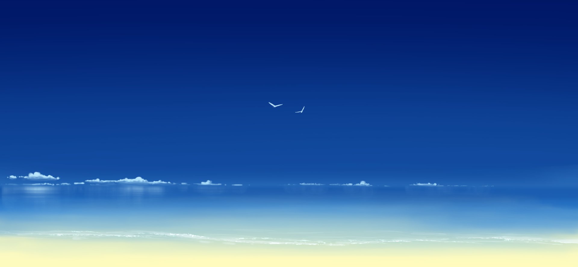 Anime beach HD PC desktop wallpaper: tranquil seaside with deep blue sky gradient, wispy clouds, two seabirds and a pale sandy shoreline.