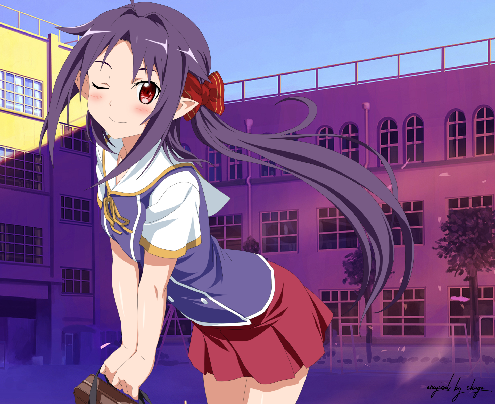 HD PC desktop wallpaper featuring Yuuki Konno from the anime Sword Art Online II, with her signature purple hair and school uniform against a vibrant building backdrop.