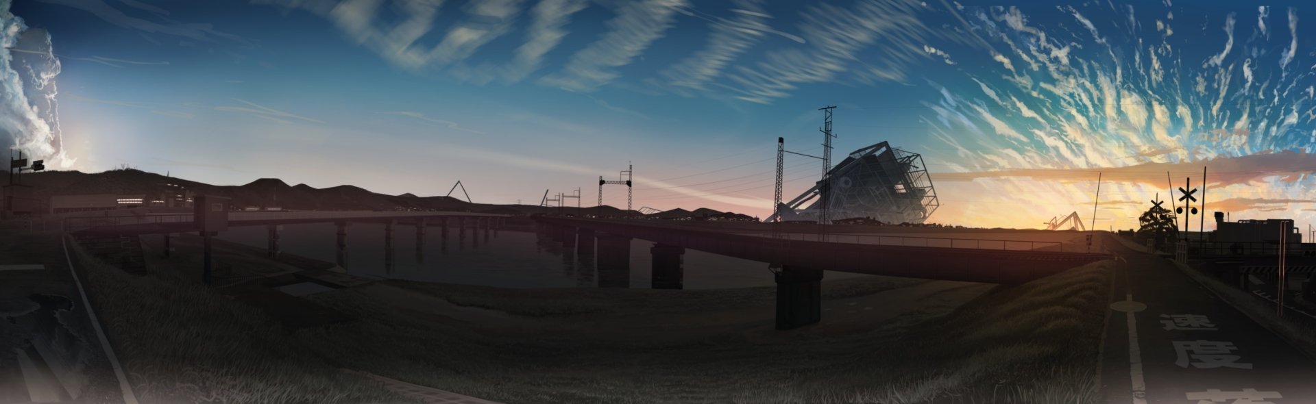 Anime HD PC desktop wallpaper: long bridge crossing a barren dusk landscape, collapsed industrial structure to the right under a streaked twilight sky.