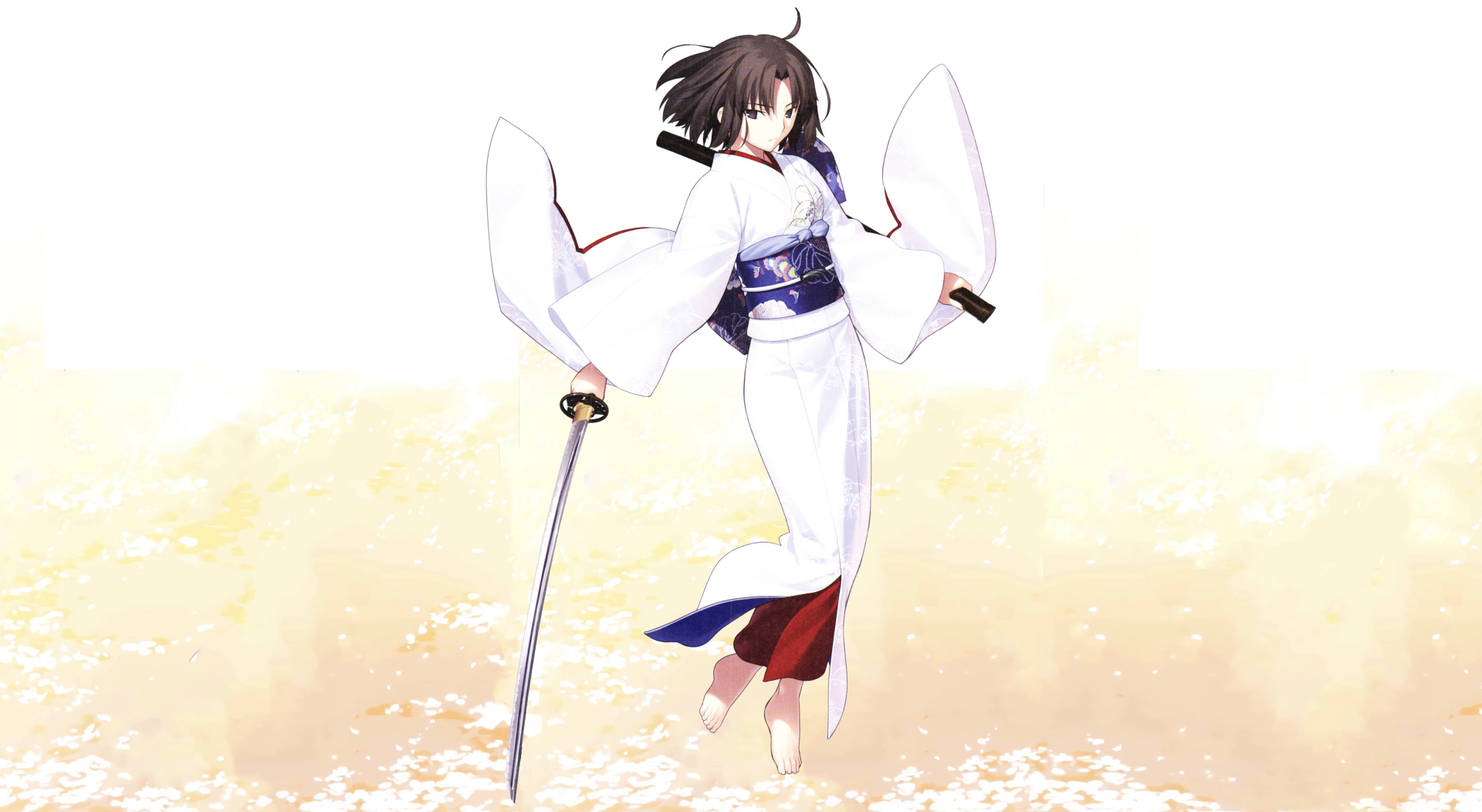 4K Ultra HD wallpaper featuring Shiki Ryougi from Fate/Grand Order and The Garden of Sinners, depicted in traditional attire holding a katana against a light background.