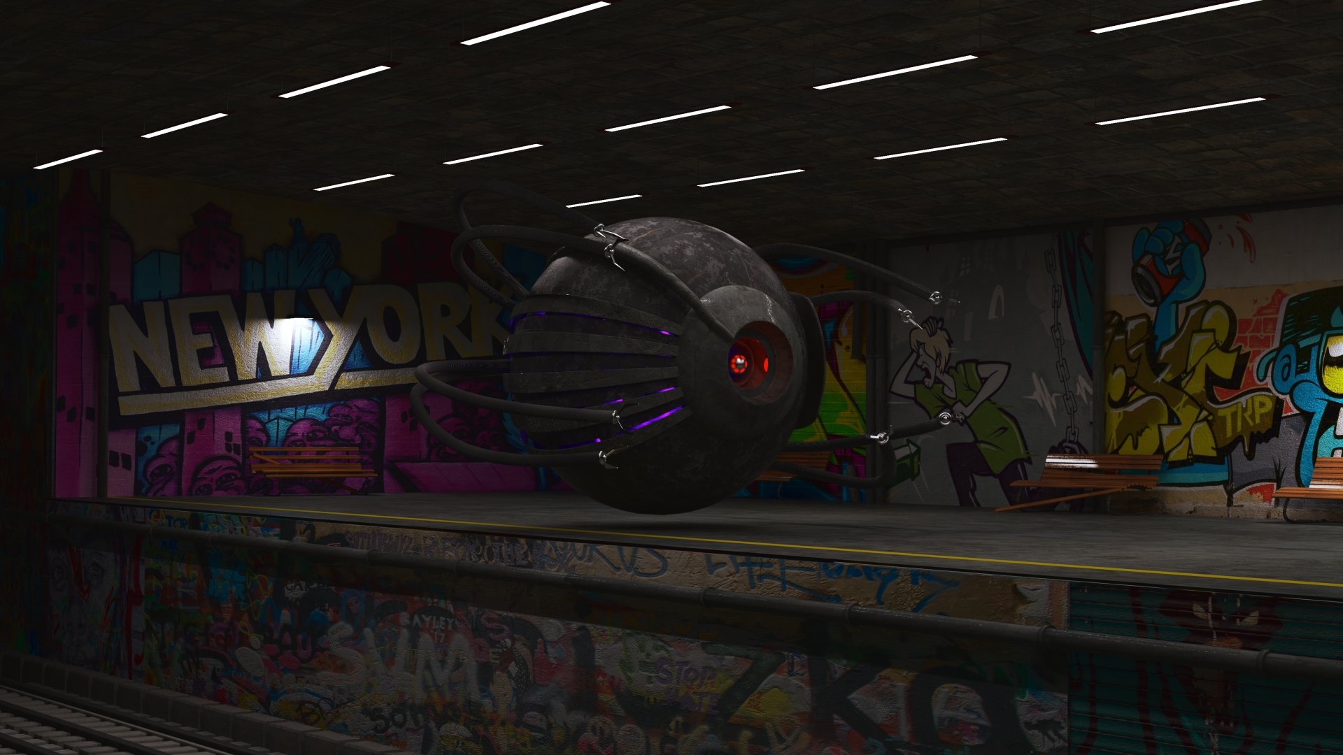 3D CGI sci‑fi mecha machine robot hovers in a graffiti‑covered skatepark/subway, metallic orb with red eye and glowing purple accents — 4K Ultra HD PC desktop wallpaper/background.