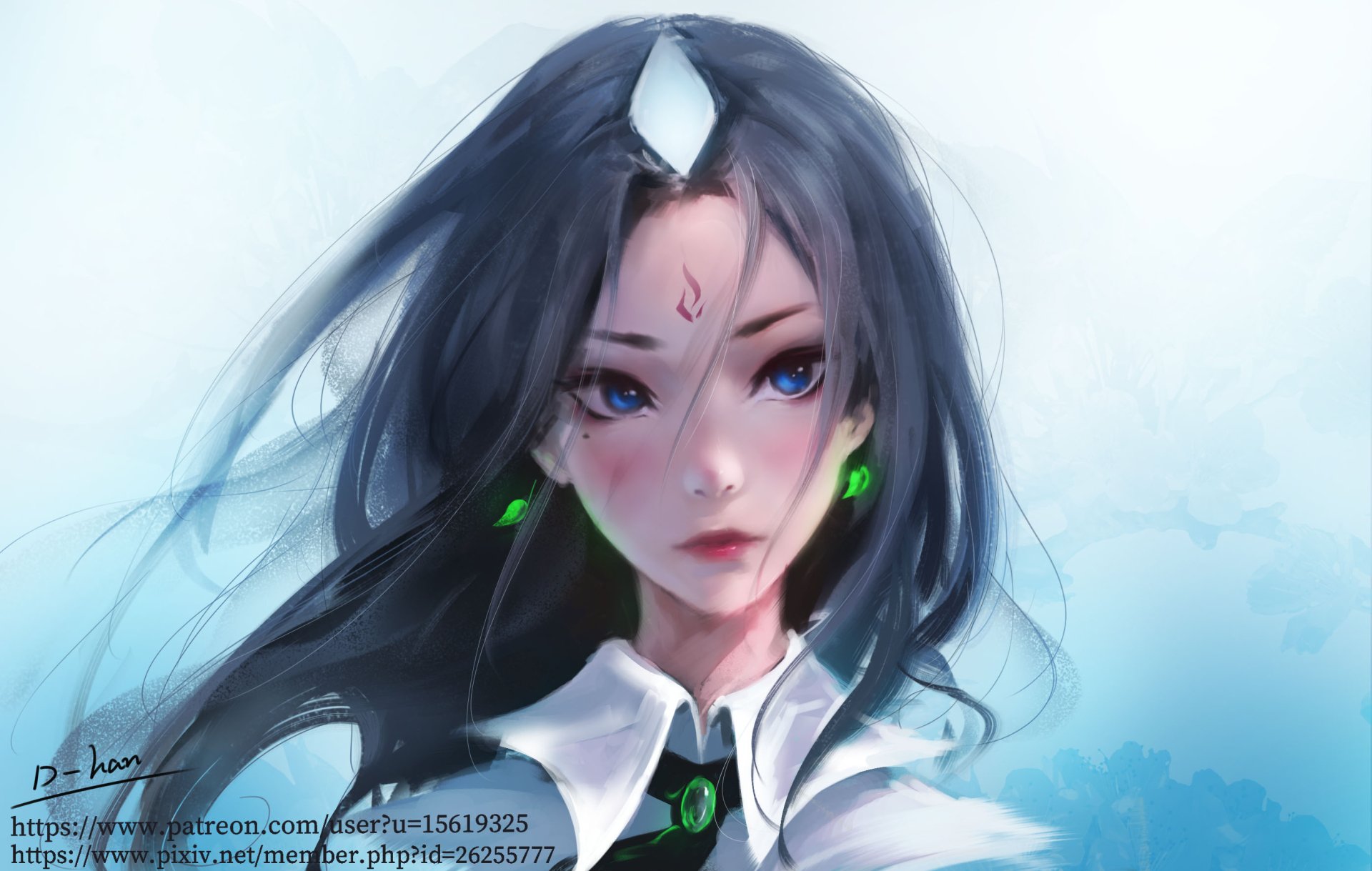 Anime original 2K Quad HD PC desktop wallpaper: blue-eyed girl with long dark hair, white forehead gem, neon green earrings and pendant, wearing a white-collared outfit on a soft blue background.
