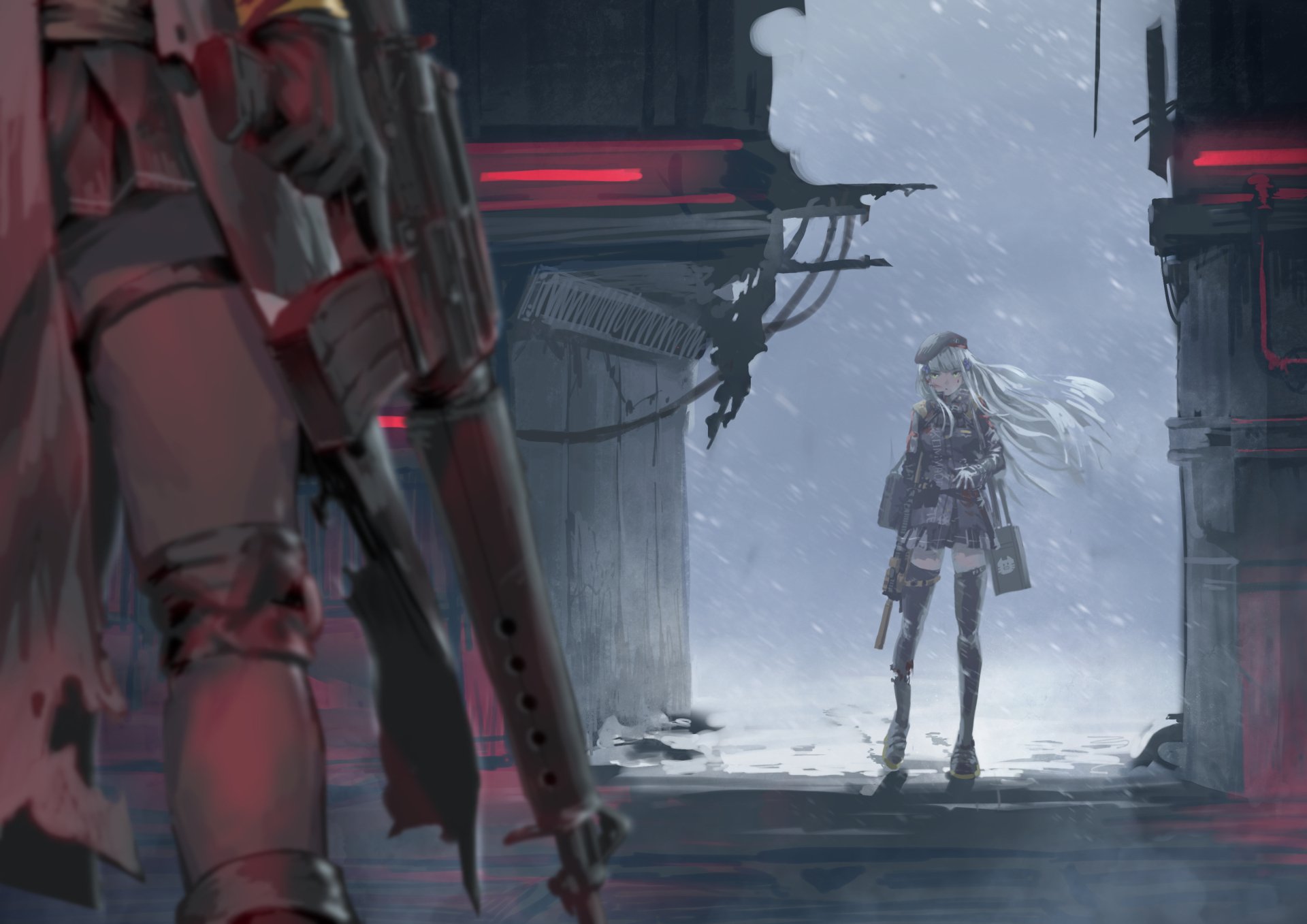 HD wallpaper featuring characters M16A1 and HK416 from the video game Girls' Frontline, showcasing a dramatic scene with weapons drawn in a snow-covered setting.