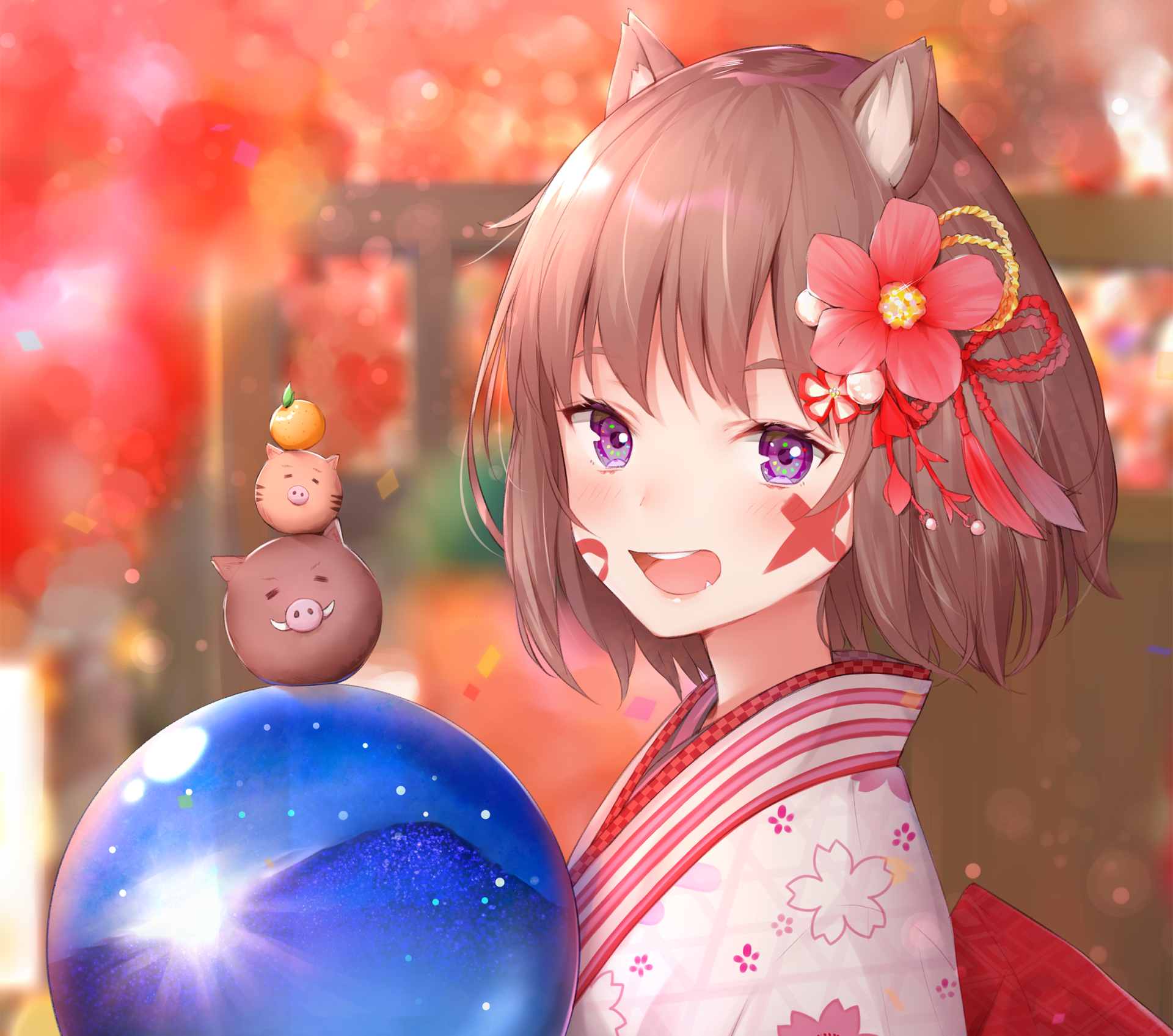 HD anime summer wallpaper featuring an original character in a colorful yukata with vibrant floral accessories and a playful, festive atmosphere.