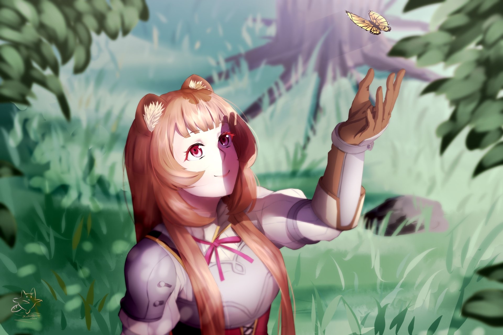 HD PC wallpaper featuring Raphtalia from The Rising of the Shield Hero with brown hair and pink eyes, reaching out to a butterfly in a lush, rainy forest setting.