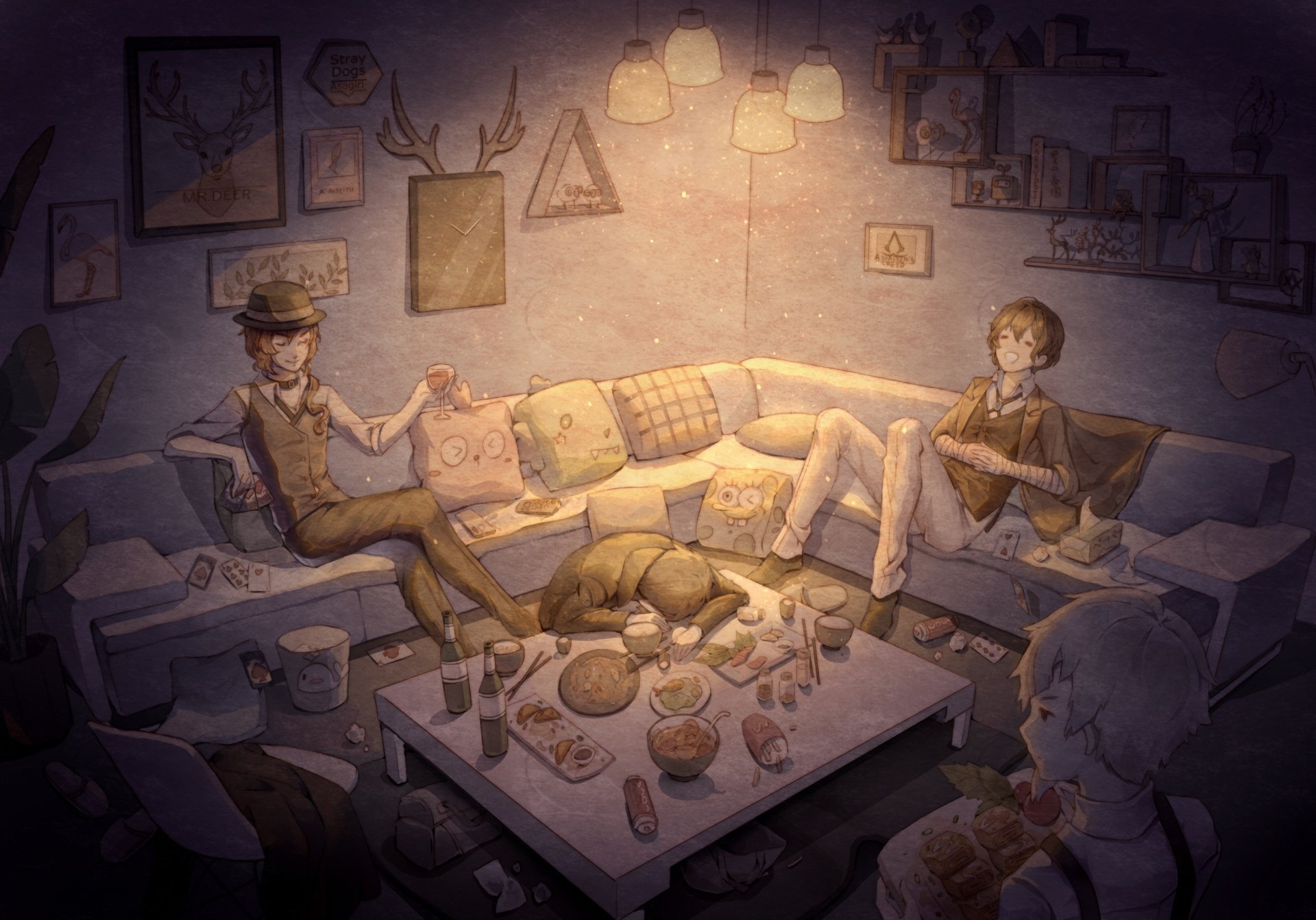 HD anime desktop wallpaper featuring Chuuya Nakahara, Osamu Dazai, Atsushi Nakajima, and Ryūnosuke Akutagawa from Bungou Stray Dogs in a cozy, dimly lit room.