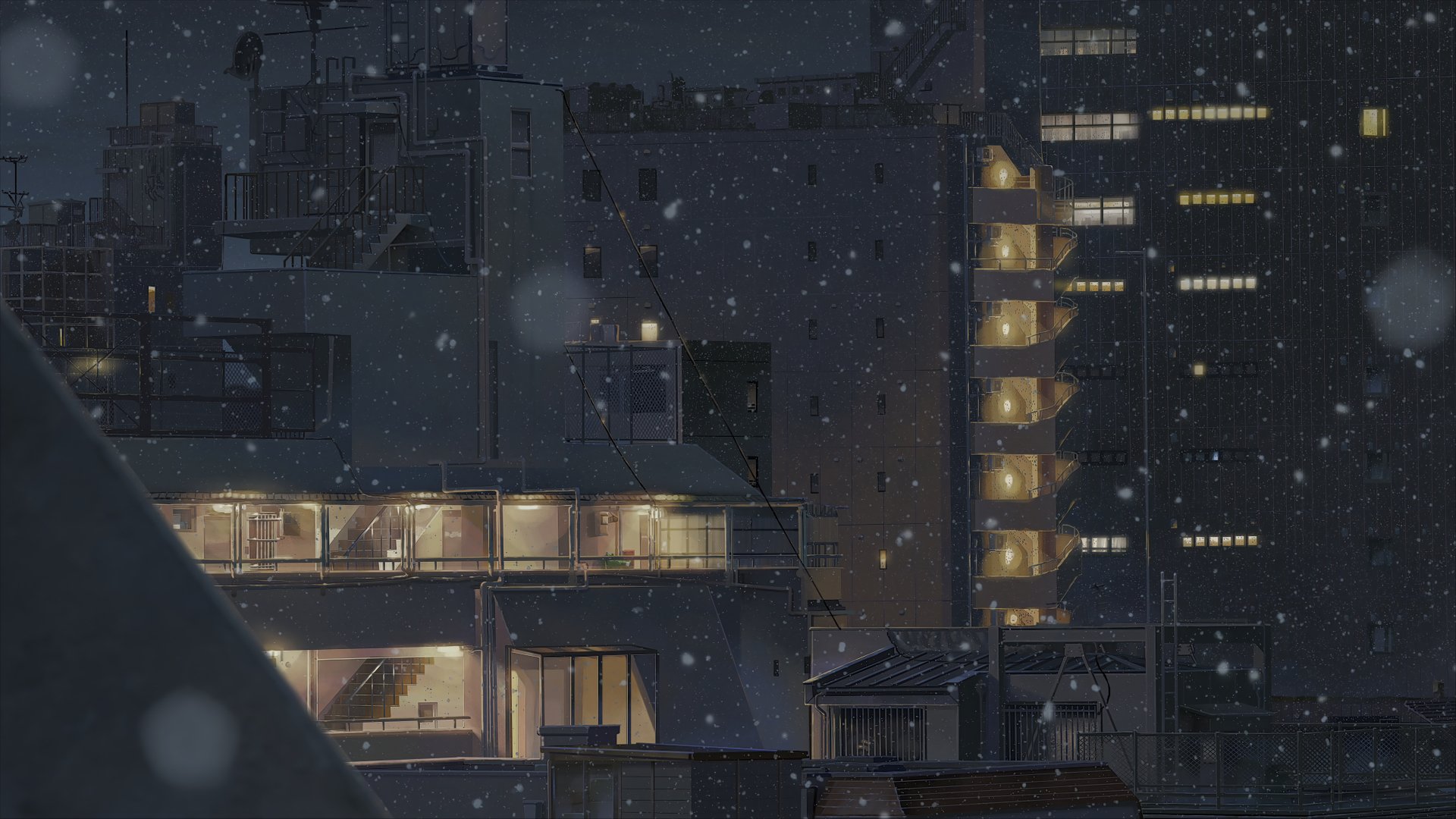 Anime-style night cityscape from Your Name. with softly falling snow, detailed buildings, and warm interior lights, rendered in 8K Ultra HD for PC desktop wallpaper.