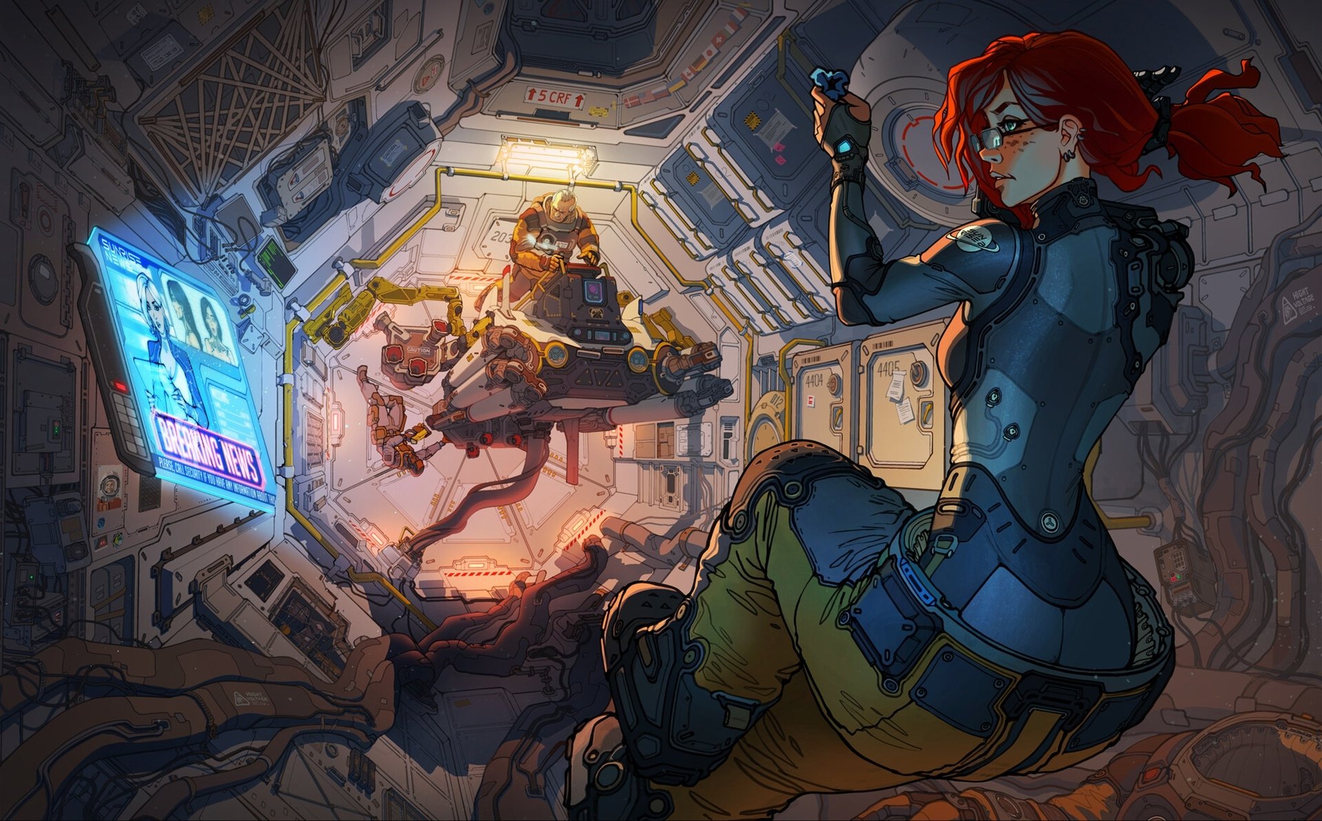 Futuristic sci-fi HD desktop wallpaper: red-haired woman in a sleek spacesuit floats in a high-tech spaceship corridor watching a holographic panel.