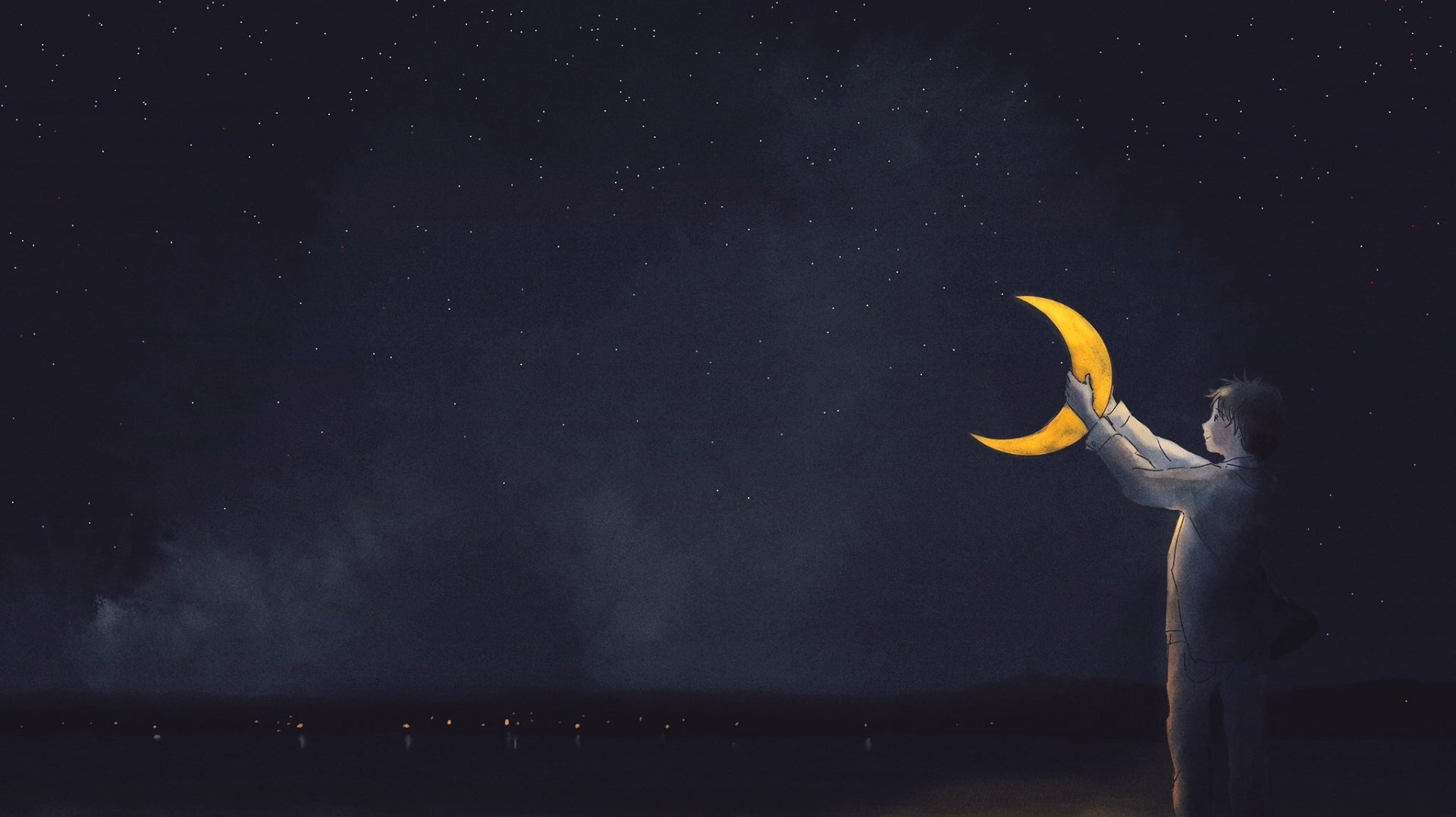 Anime-themed HD PC desktop wallpaper featuring a night scene with a figure reaching out to hold a glowing crescent moon against a starry sky.