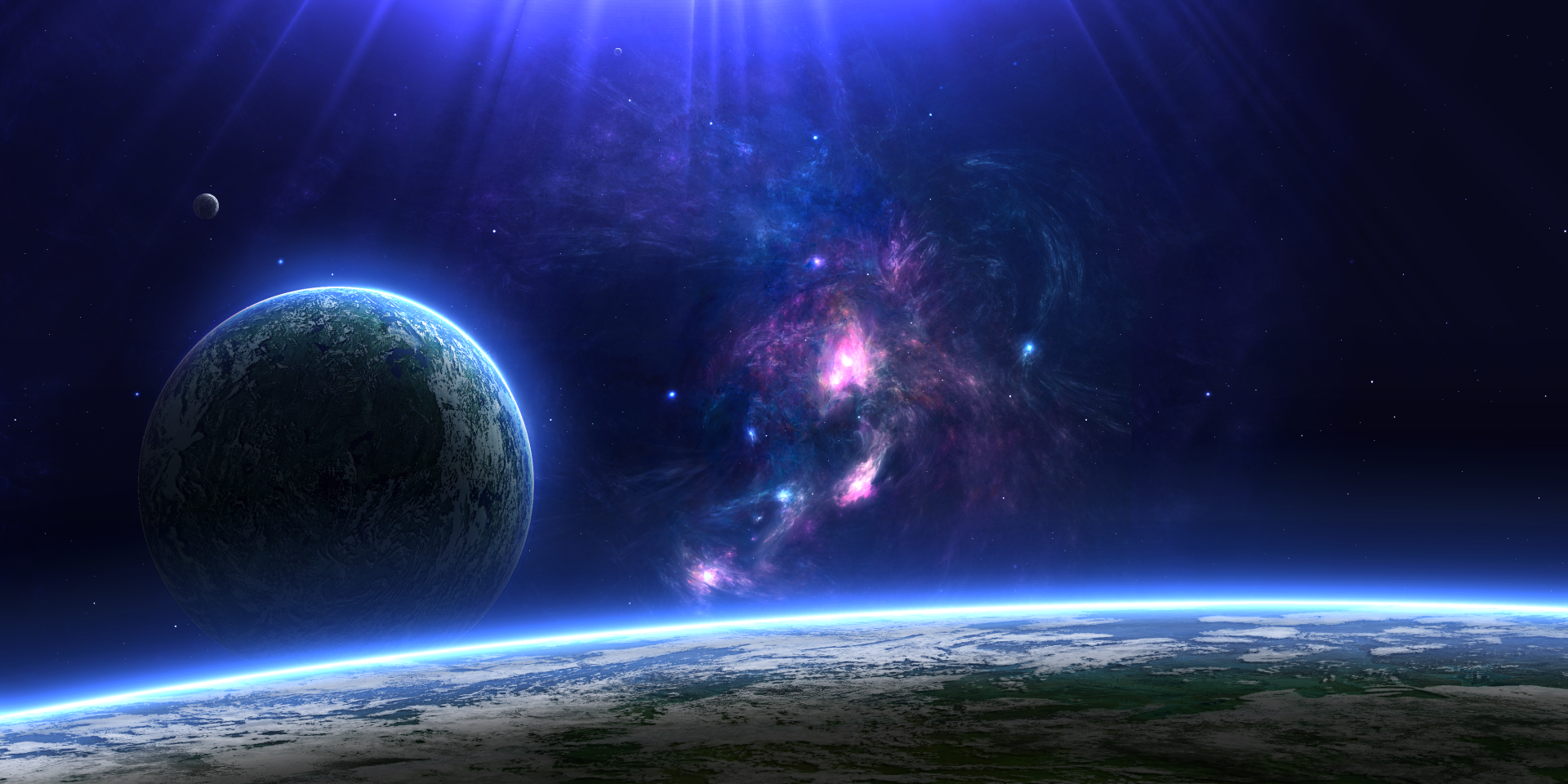 HD Sci-Fi desktop wallpaper and background depicting a space scene with a planet, stars, and a colorful nebula.
