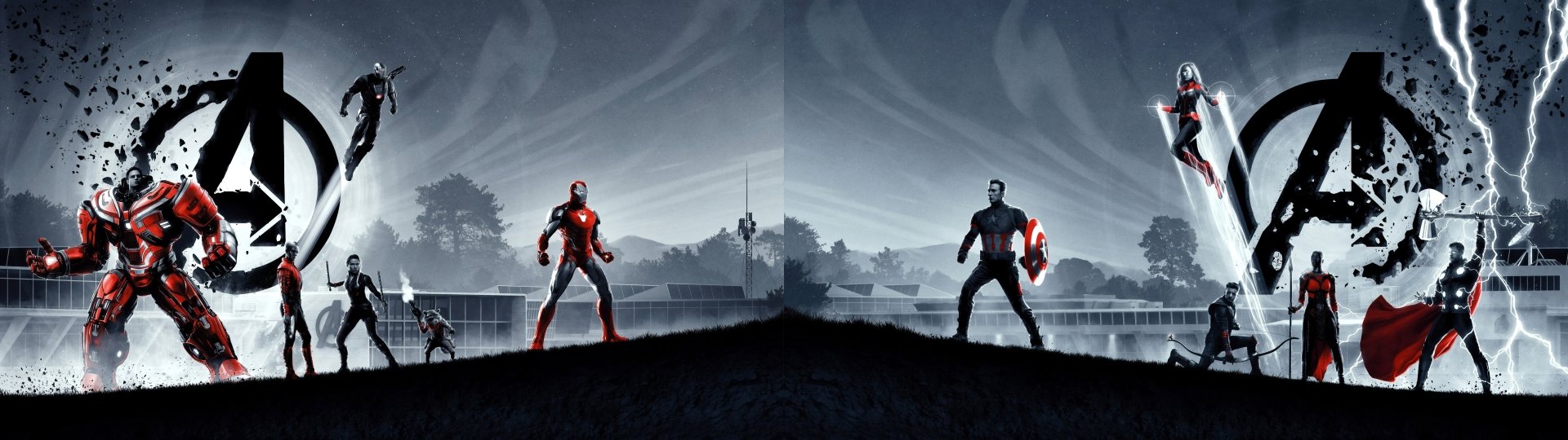 8K Ultra HD wallpaper featuring Iron Man and Captain America facing off, inspired by Avengers Endgame with characters like Rocket Raccoon, Black Widow, Thor, and more.