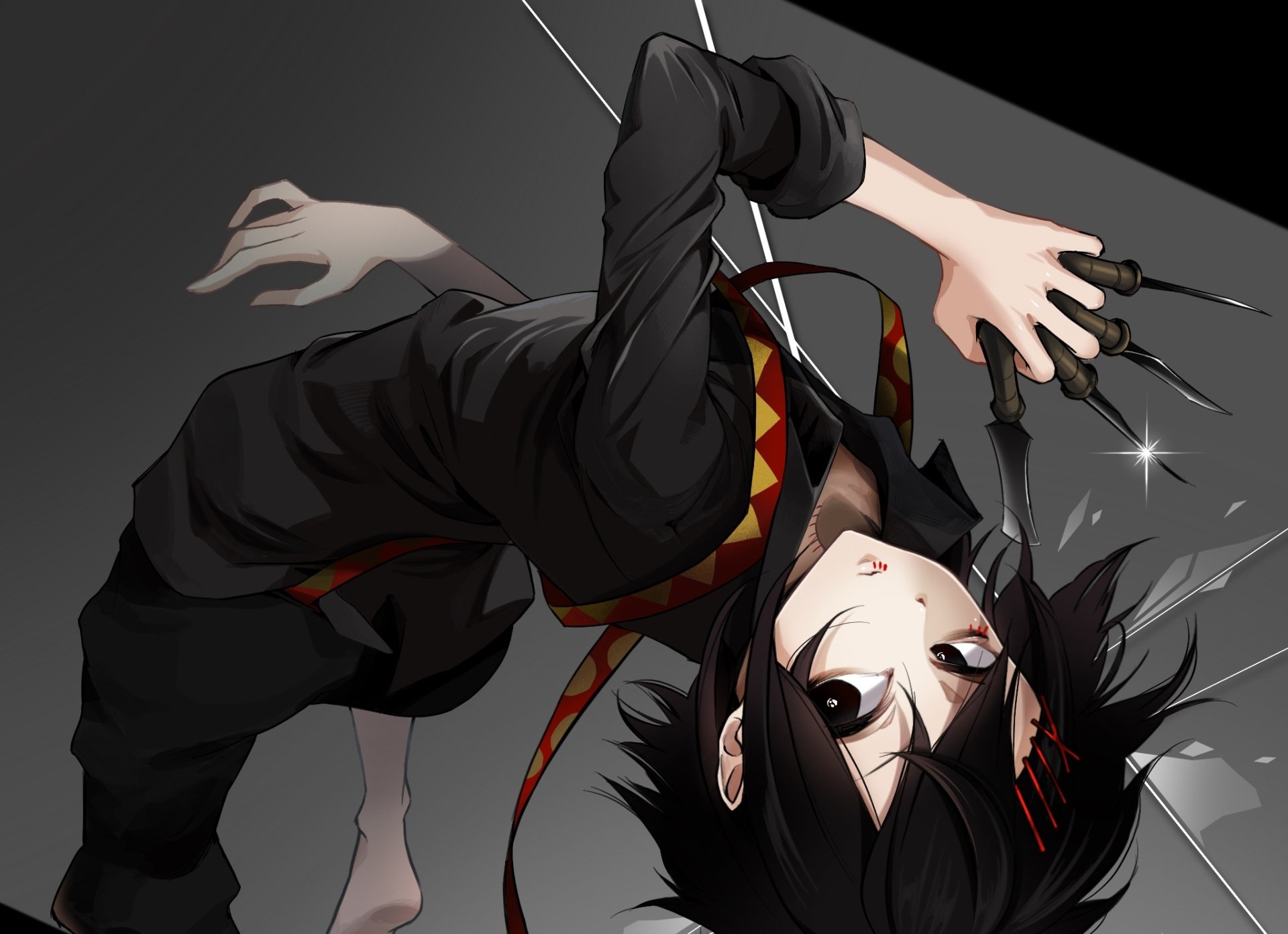 HD anime wallpaper of Juuzou Suzuya from Tokyo Ghoul:re, featuring his black hair and eyes against a dark background in a dynamic pose.