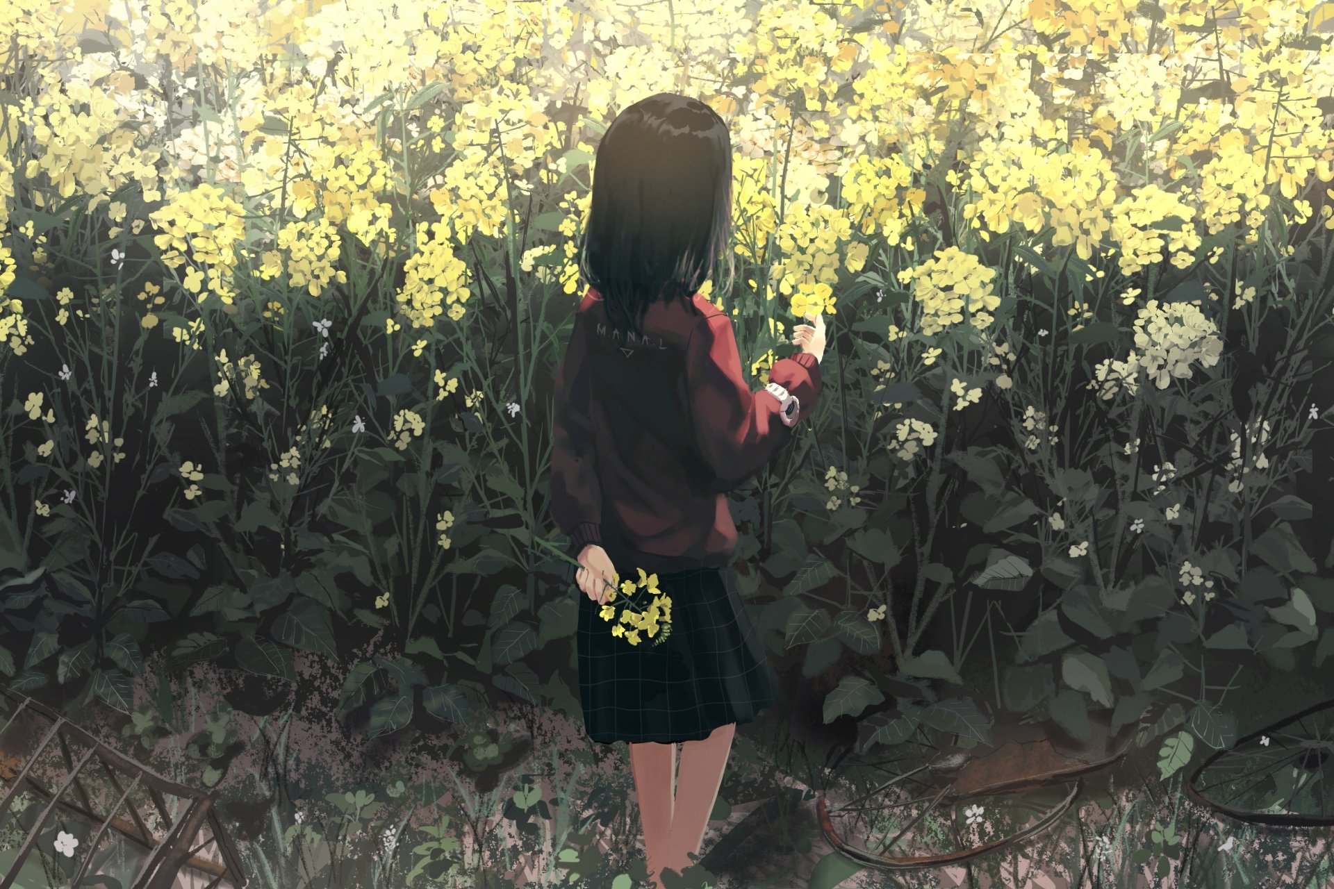 Anime-style HD desktop wallpaper featuring a short-haired character with black hair, holding a yellow flower and a watch, standing before a field of bright yellow flowers.