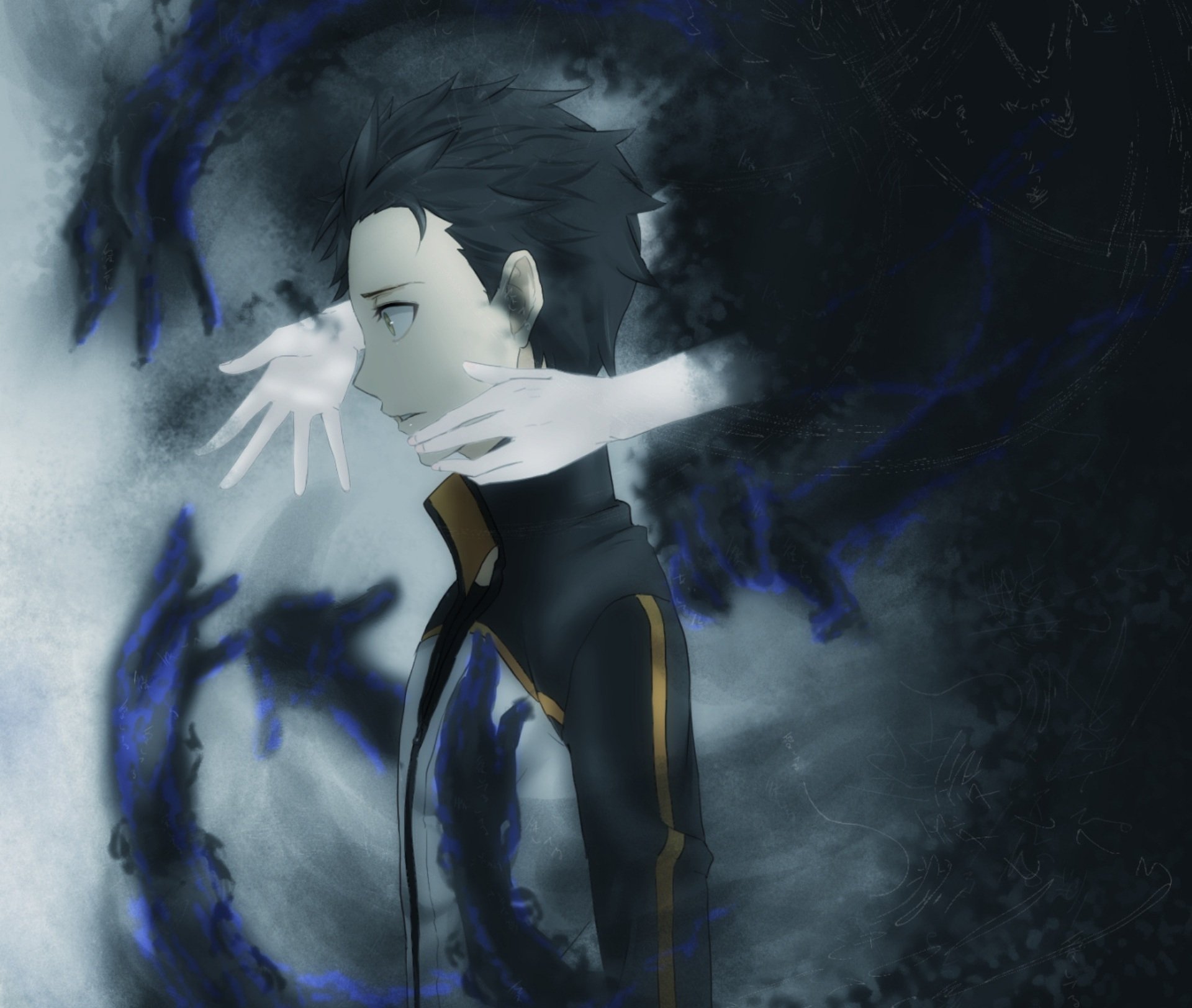 HD anime desktop wallpaper featuring Subaru Natsuki from Re:Zero - Starting Life in Another World, surrounded by ghostly hands in a dark, mysterious atmosphere.