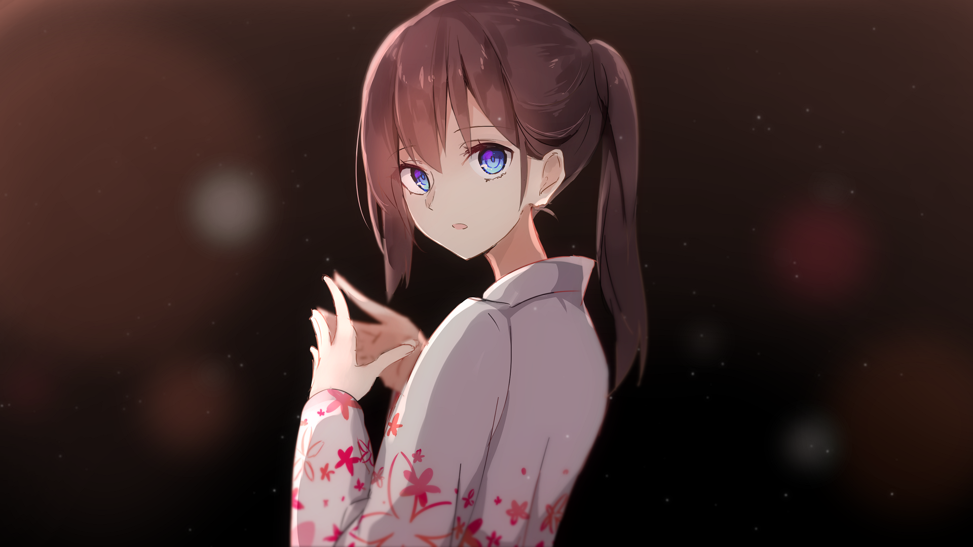 Anime-style original character with brown hair and striking blue eyes, wearing a kimono, set against a dark, softly blurred background in HD quality.