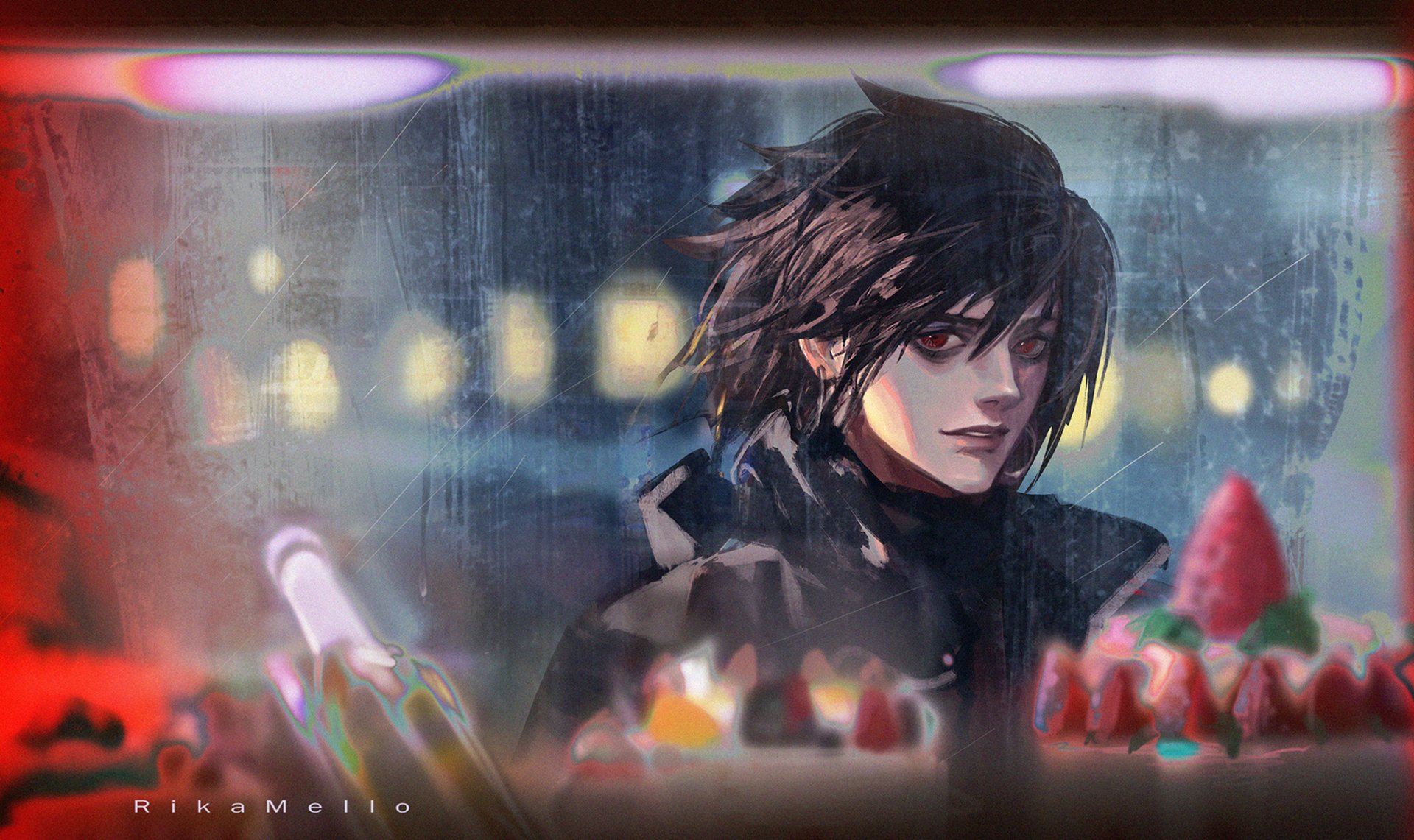 HD Death Note anime wallpaper featuring L (Death Note) — moody, rain-slick neon city backdrop, dark tousled hair, intense gaze, blurred lights and strawberries.