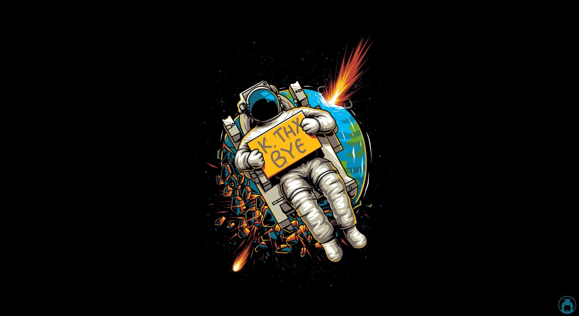 HD PC desktop wallpaper of a sci-fi astronaut floating in space, holding a cardboard sign that reads BYE with fiery debris trailing behind.