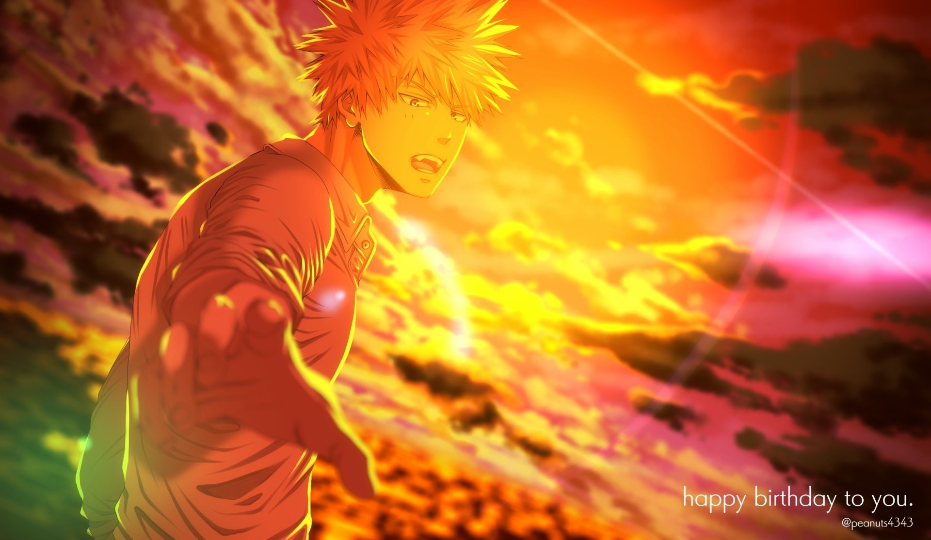 HD PC desktop wallpaper featuring Katsuki Bakugou from My Hero Academia with intense fiery background and dynamic lighting.