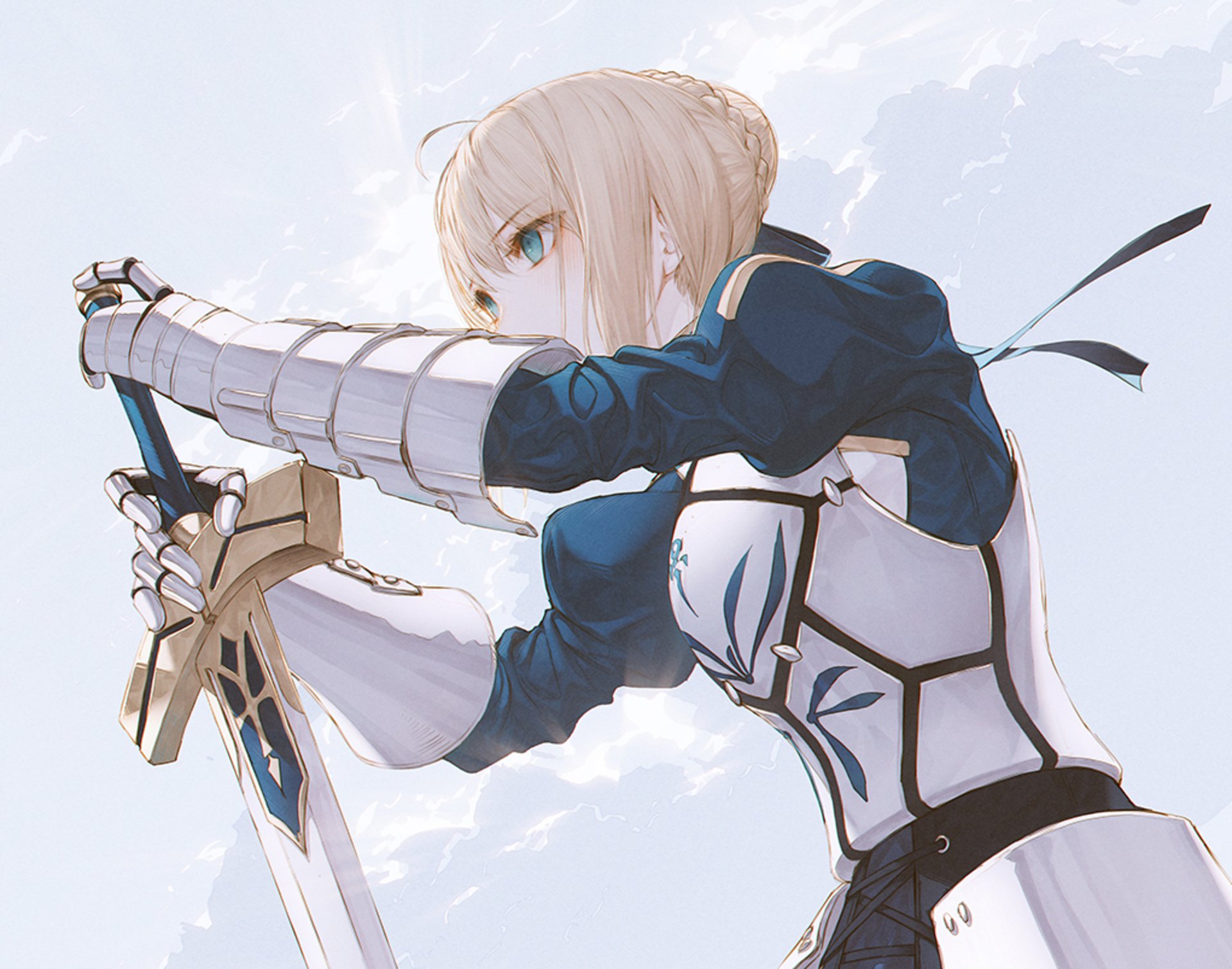 HD PC desktop wallpaper featuring Saber from the Fate/Stay Night anime series, depicted in detailed armor holding her sword against a bright sky background.