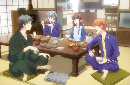 HD PC desktop wallpaper featuring Yuki Sohma, Shigure Sohma, Tohru Honda, and Kyo Sohma from the anime Fruits Basket sharing a meal together.
