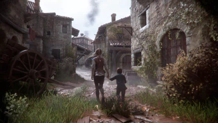 HD wallpaper of Amicia and Hugo de Rune from A Plague Tale: Innocence, exploring a medieval village.