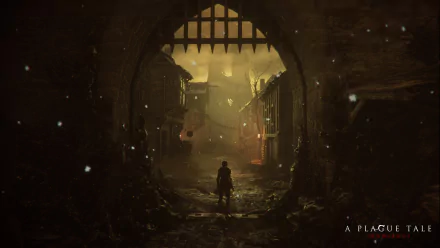 HD wallpaper from A Plague Tale: Innocence featuring a character in a medieval setting with dramatic lighting, archway view.