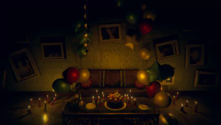 A dimly lit room with balloons, a birthday cake on the table, and photos on the wall, exuding a sense of devotion, as a HD wallpaper.