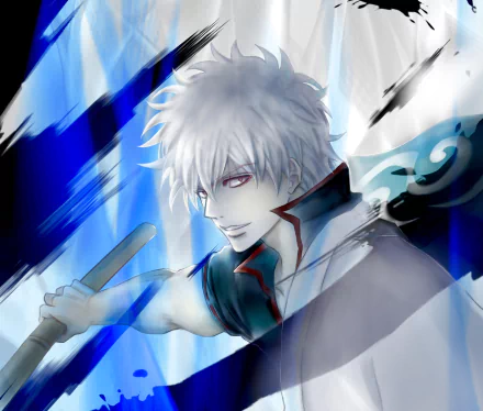 HD PC desktop wallpaper featuring Gintoki Sakata from the anime Gintama, depicted with striking white hair and intense red eyes against a dynamic blue and black background.