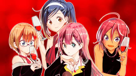 HD desktop wallpaper featuring Uruka Takemoto, Mafuyu Kirisu, Fumino Furuhashi, and Rizu Ogata from the anime We Never Learn, with the characters holding wine glasses against a vibrant red background.